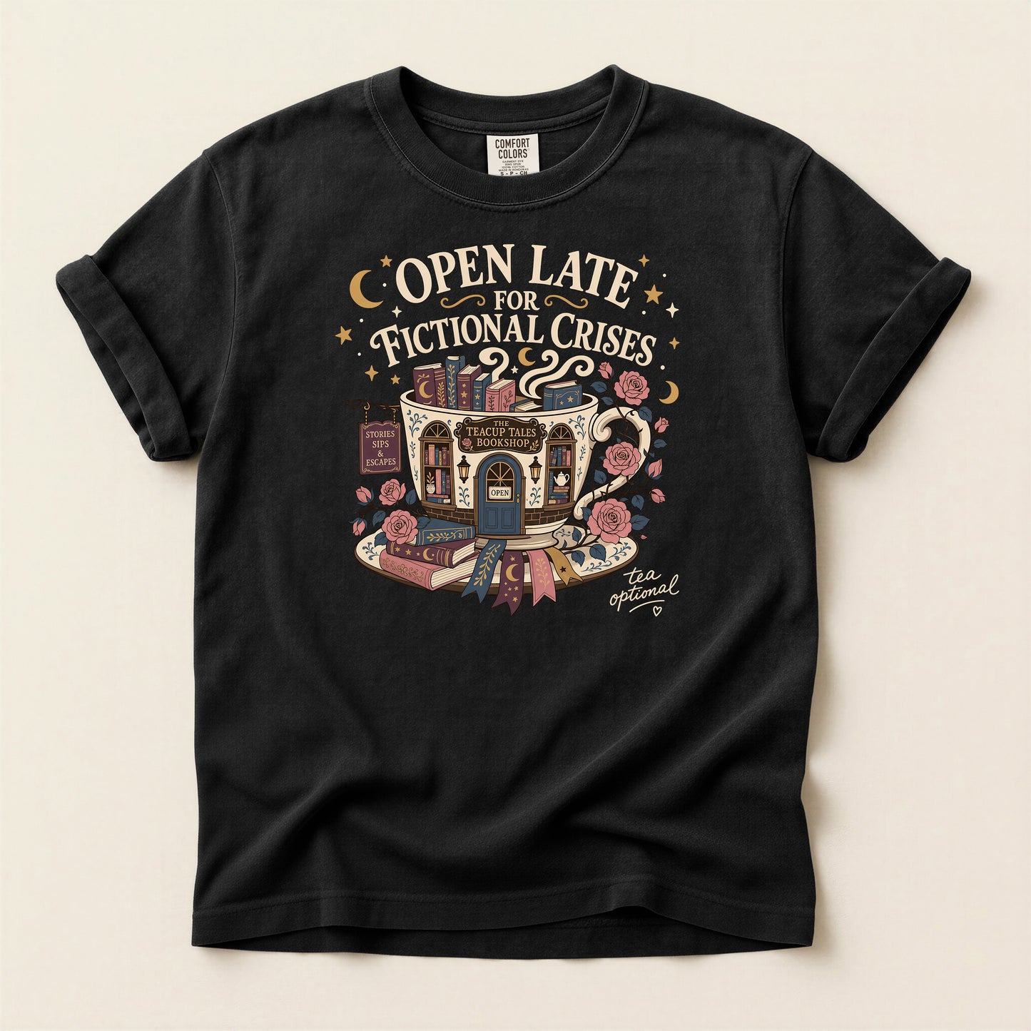 T-Shirt — "Open Late for Fictional Crises" Literary Booklover Tee