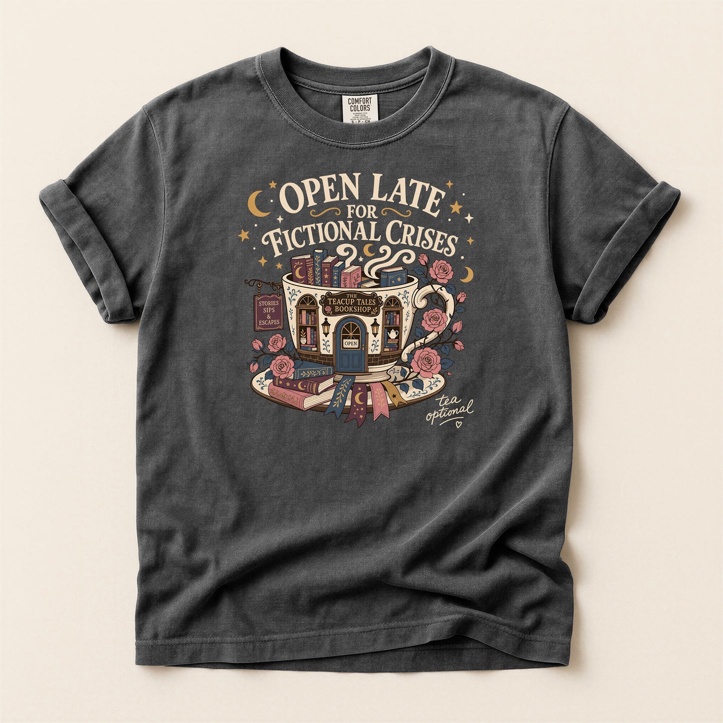T-Shirt — "Open Late for Fictional Crises" Literary Booklover Tee