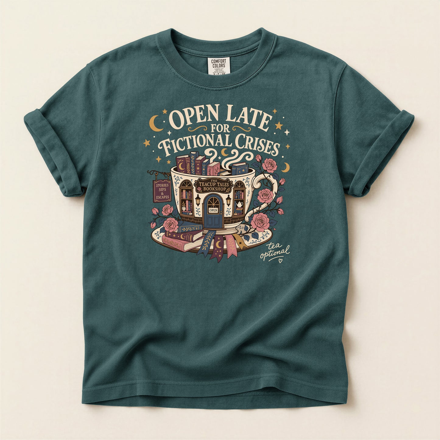 T-Shirt — "Open Late for Fictional Crises" Literary Booklover Tee