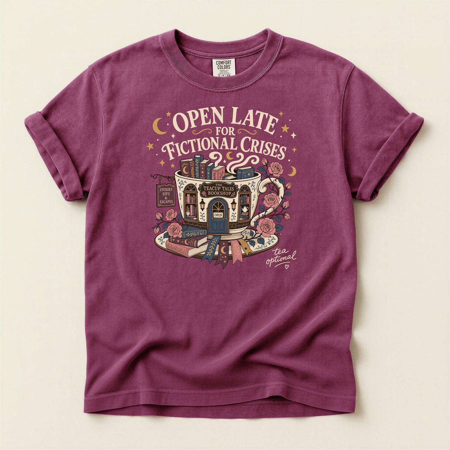T-Shirt — "Open Late for Fictional Crises" Literary Booklover Tee