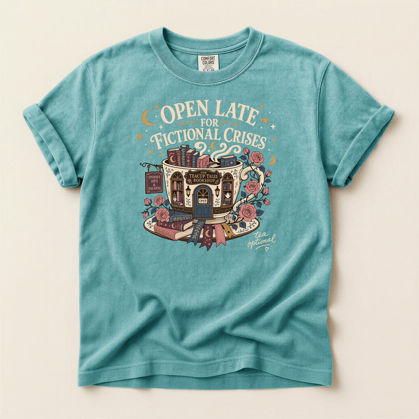 T-Shirt — "Open Late for Fictional Crises" Literary Booklover Tee