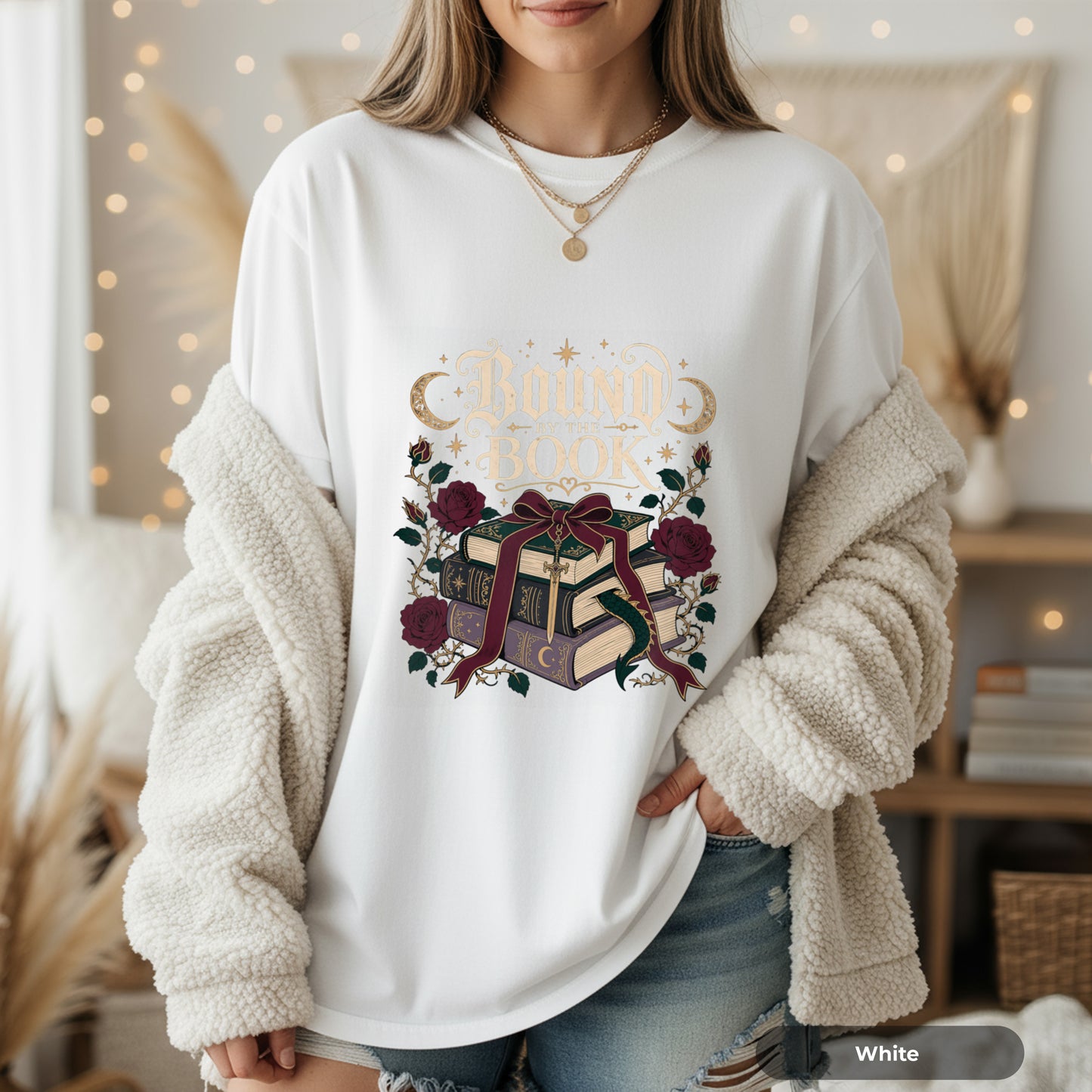 Bound Book Graphic T-Shirt — Stacked Books, Roses & Ribbon Literary Tee