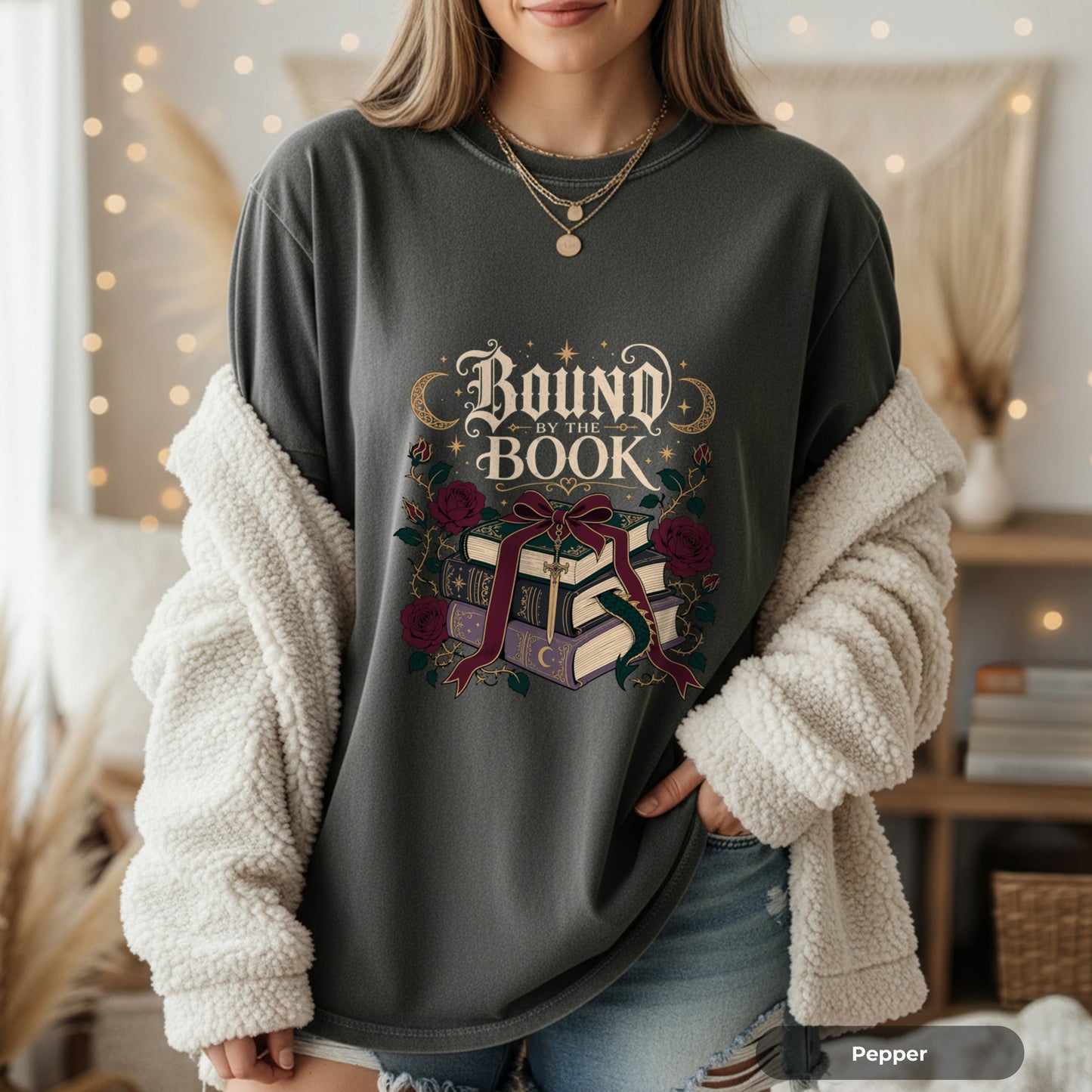 Bound Book Graphic T-Shirt — Stacked Books, Roses & Ribbon Literary Tee