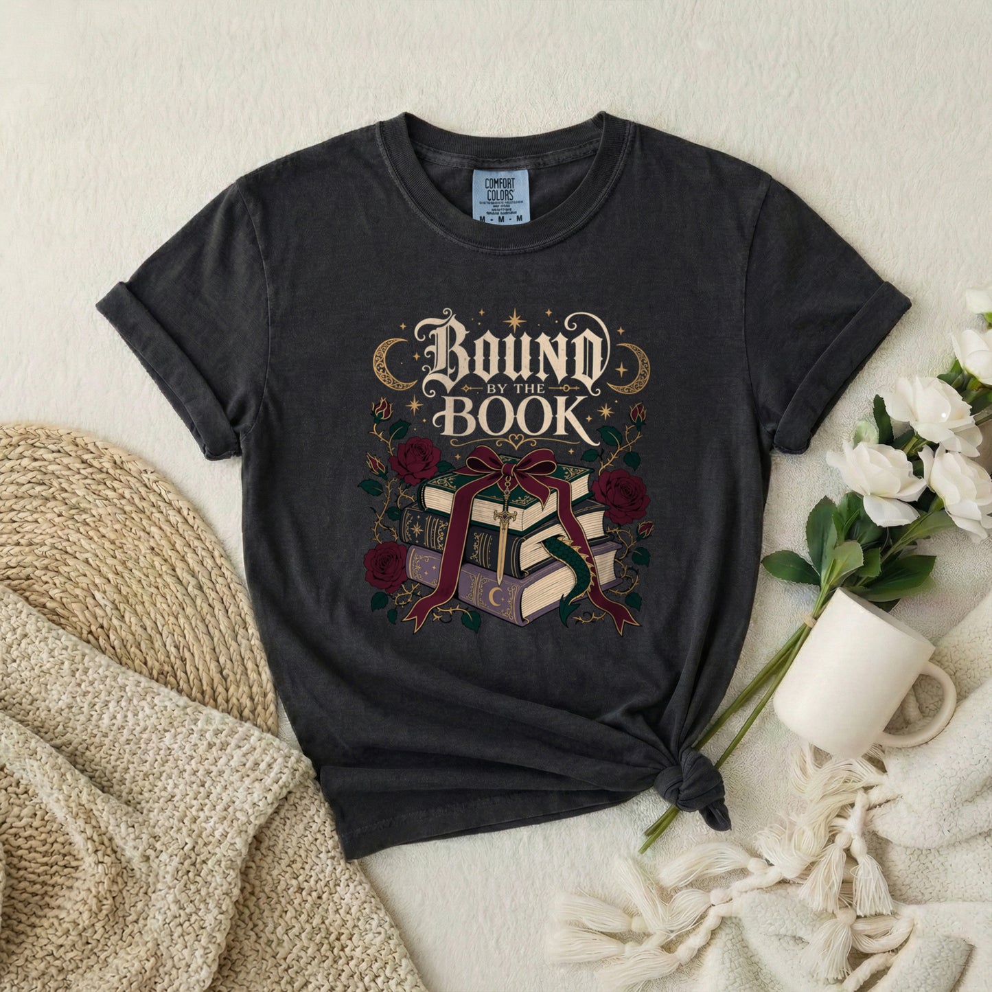 Bound Book Graphic T-Shirt — Stacked Books, Roses & Ribbon Literary Tee