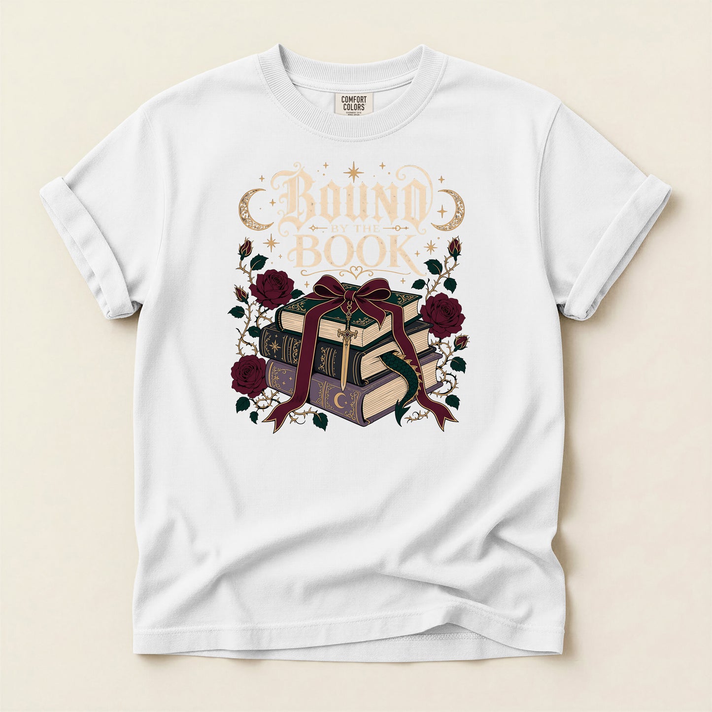 Bound Book Graphic T-Shirt — Stacked Books, Roses & Ribbon Literary Tee