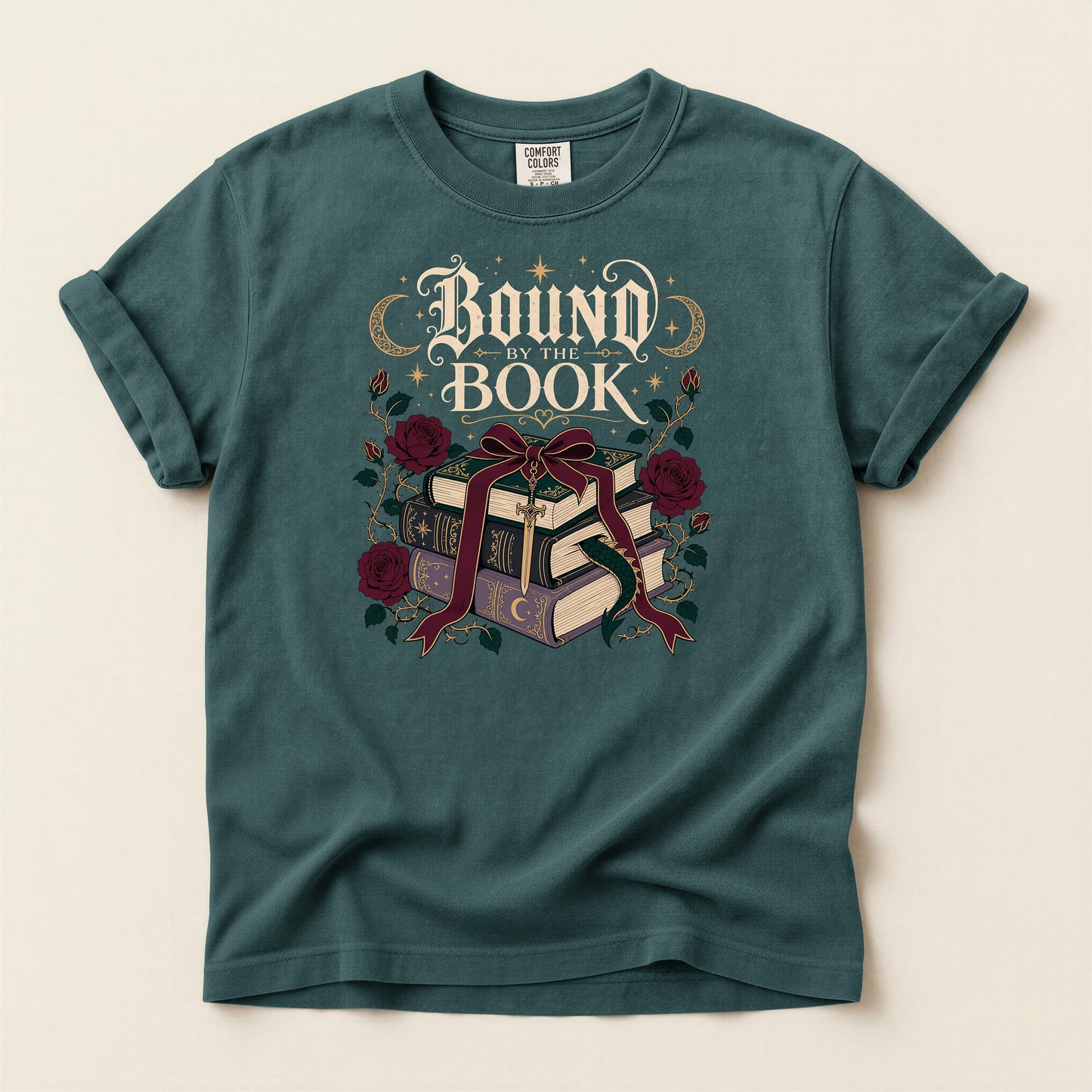 Bound Book Graphic T-Shirt — Stacked Books, Roses & Ribbon Literary Tee