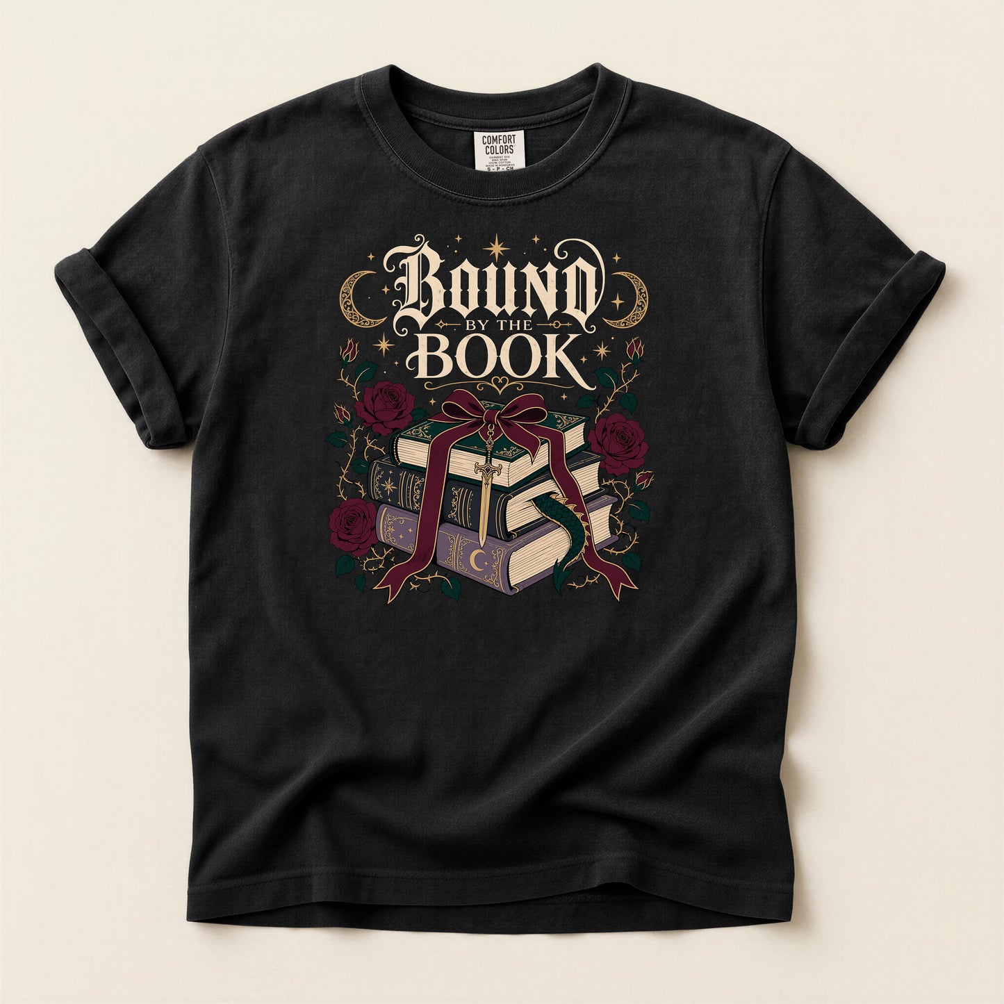 Bound Book Graphic T-Shirt — Stacked Books, Roses & Ribbon Literary Tee