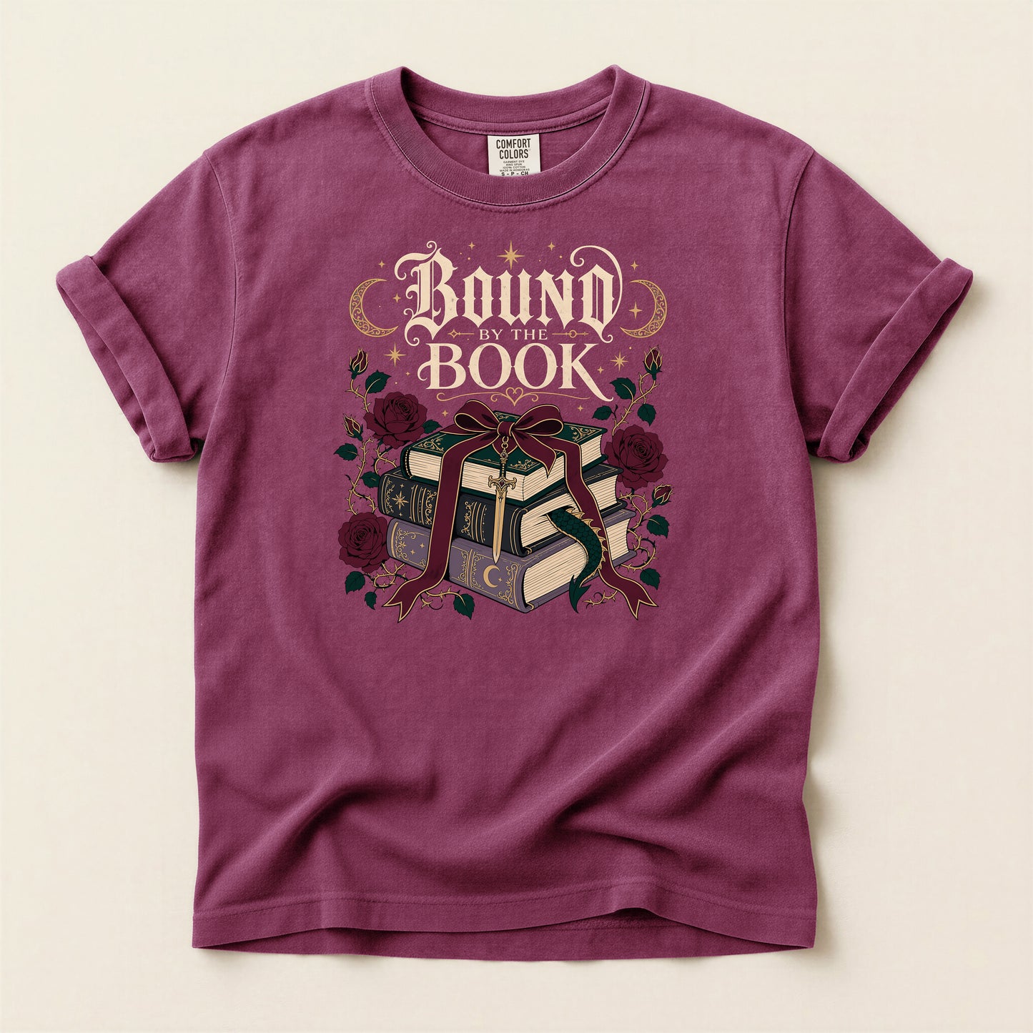 Bound Book Graphic T-Shirt — Stacked Books, Roses & Ribbon Literary Tee