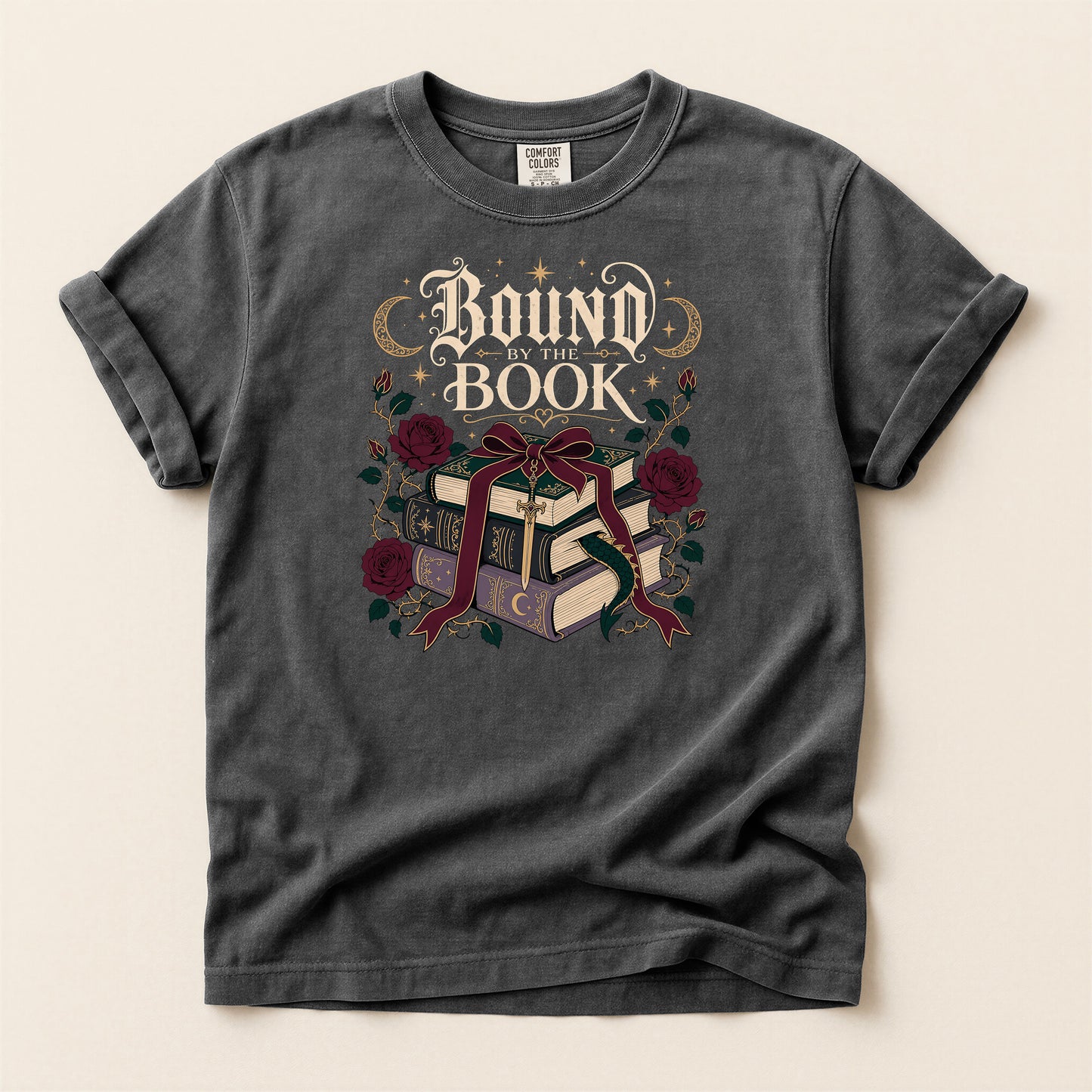 Bound Book Graphic T-Shirt — Stacked Books, Roses & Ribbon Literary Tee