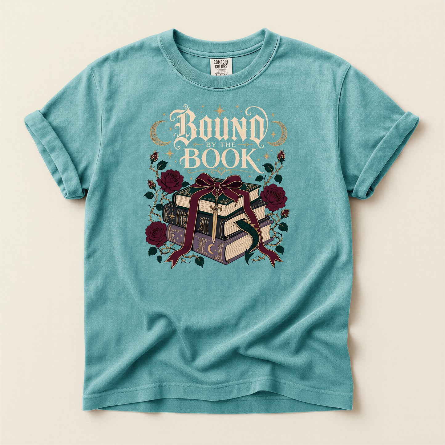 Bound Book Graphic T-Shirt — Stacked Books, Roses & Ribbon Literary Tee