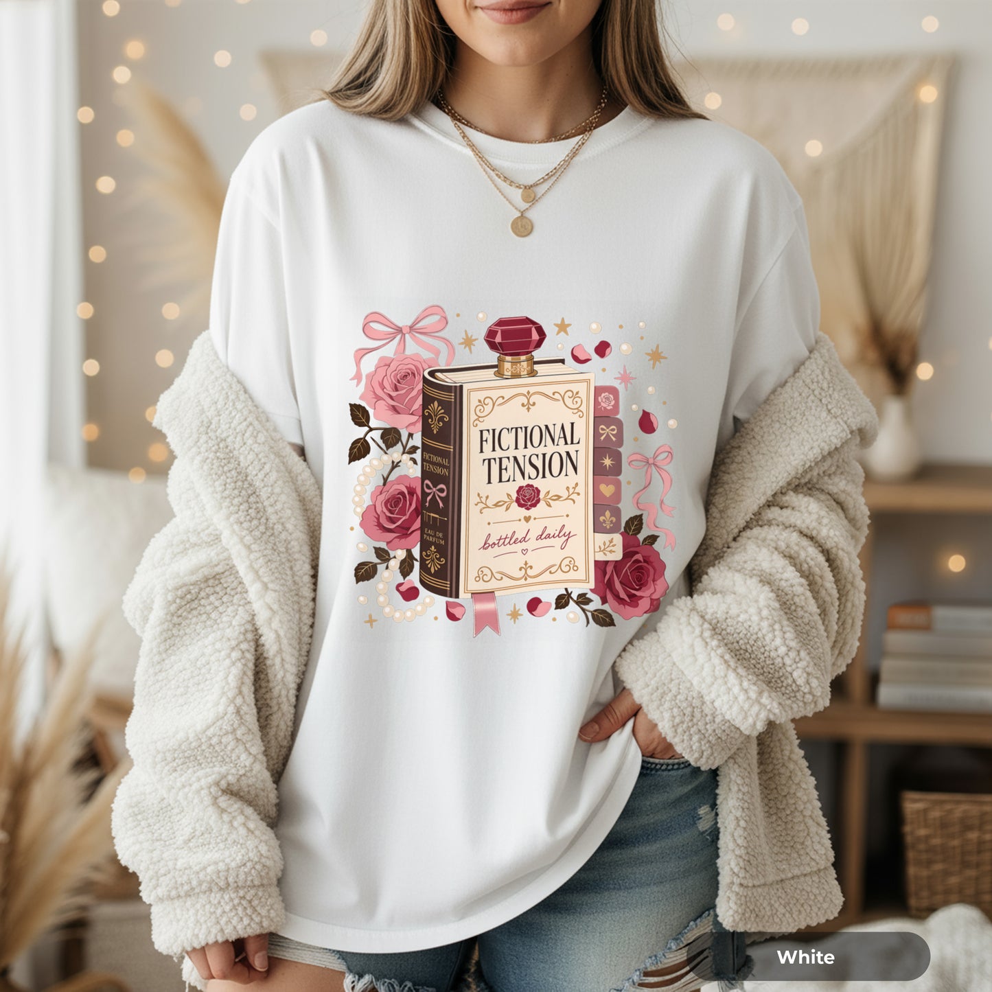 T-Shirt — "Fictional Tension" Perfume Bottle Graphic Tee (Bookish, Floral)
