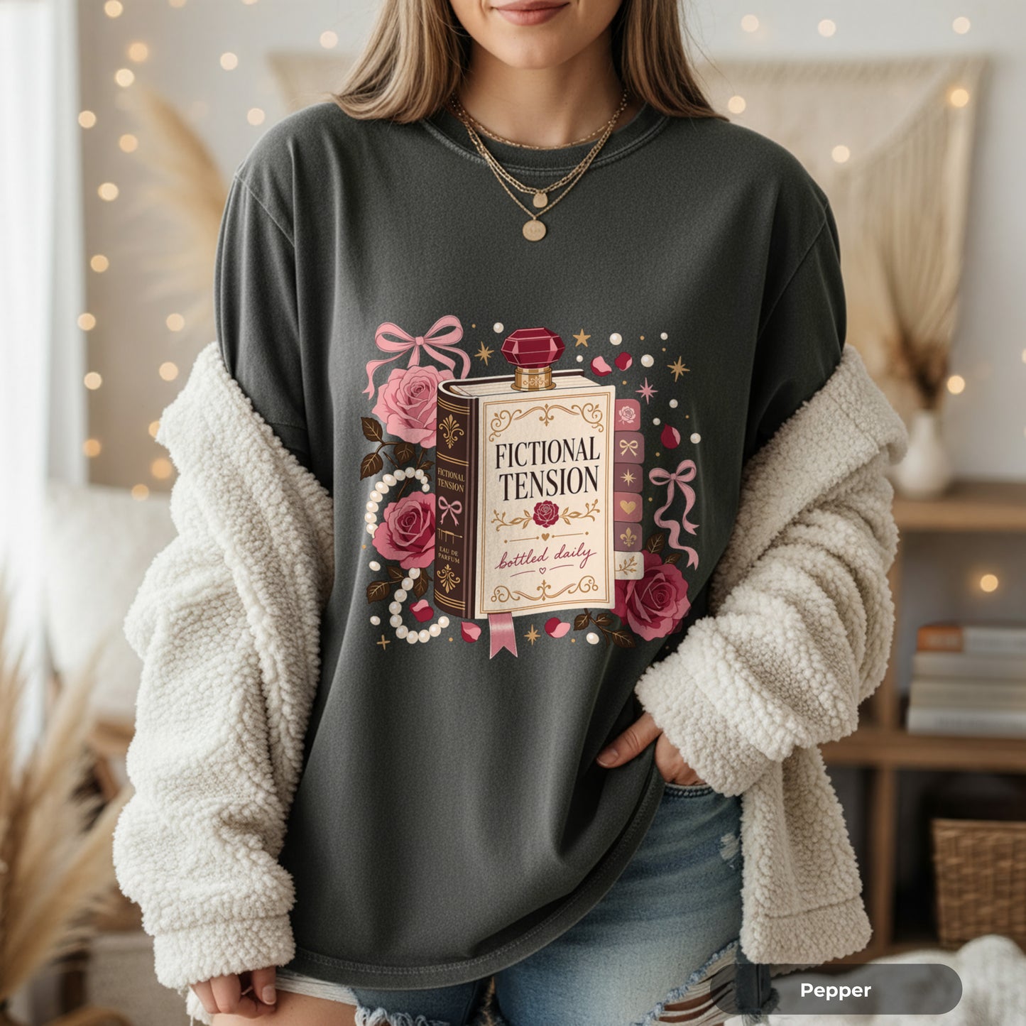 T-Shirt — "Fictional Tension" Perfume Bottle Graphic Tee (Bookish, Floral)