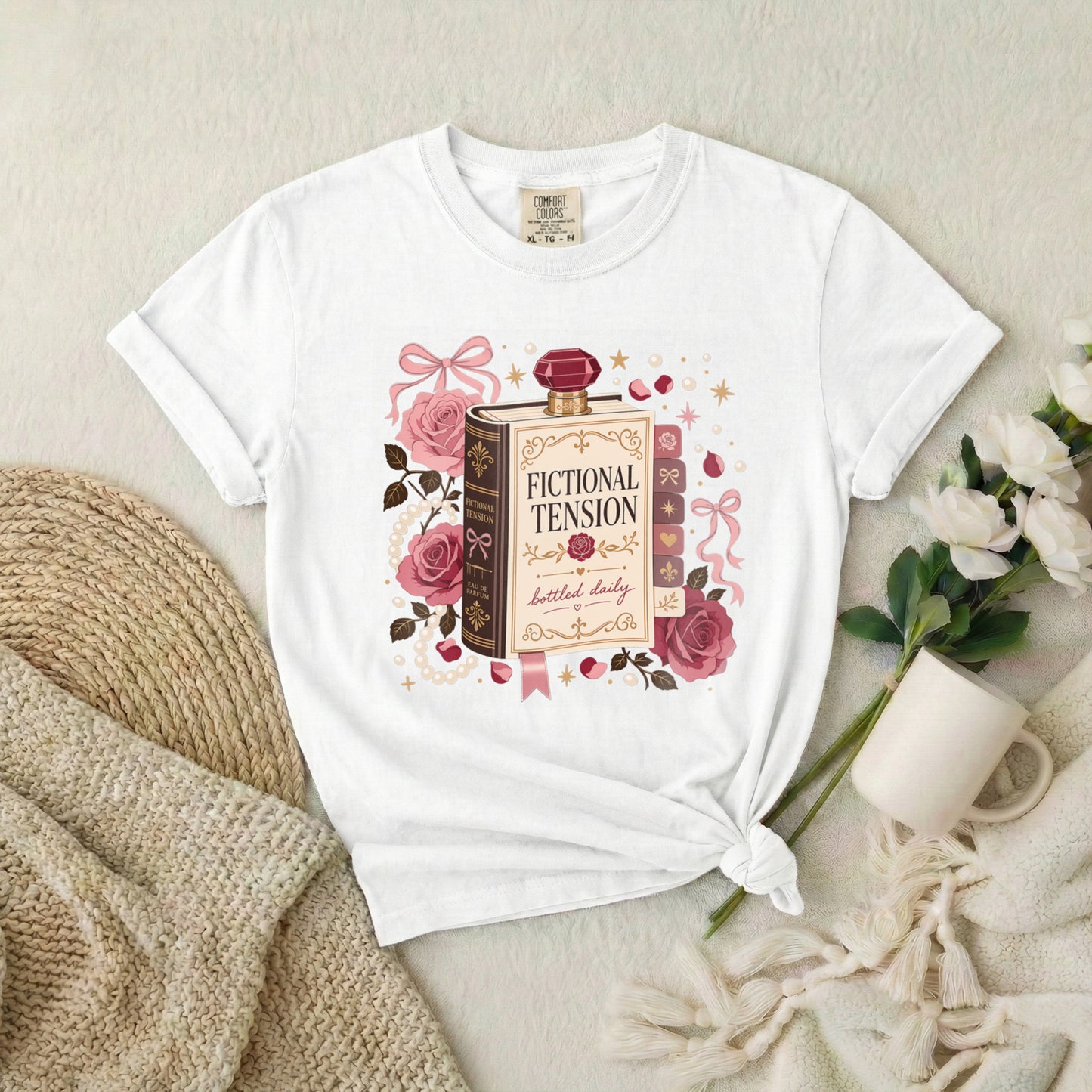 T-Shirt — "Fictional Tension" Perfume Bottle Graphic Tee (Bookish, Floral)