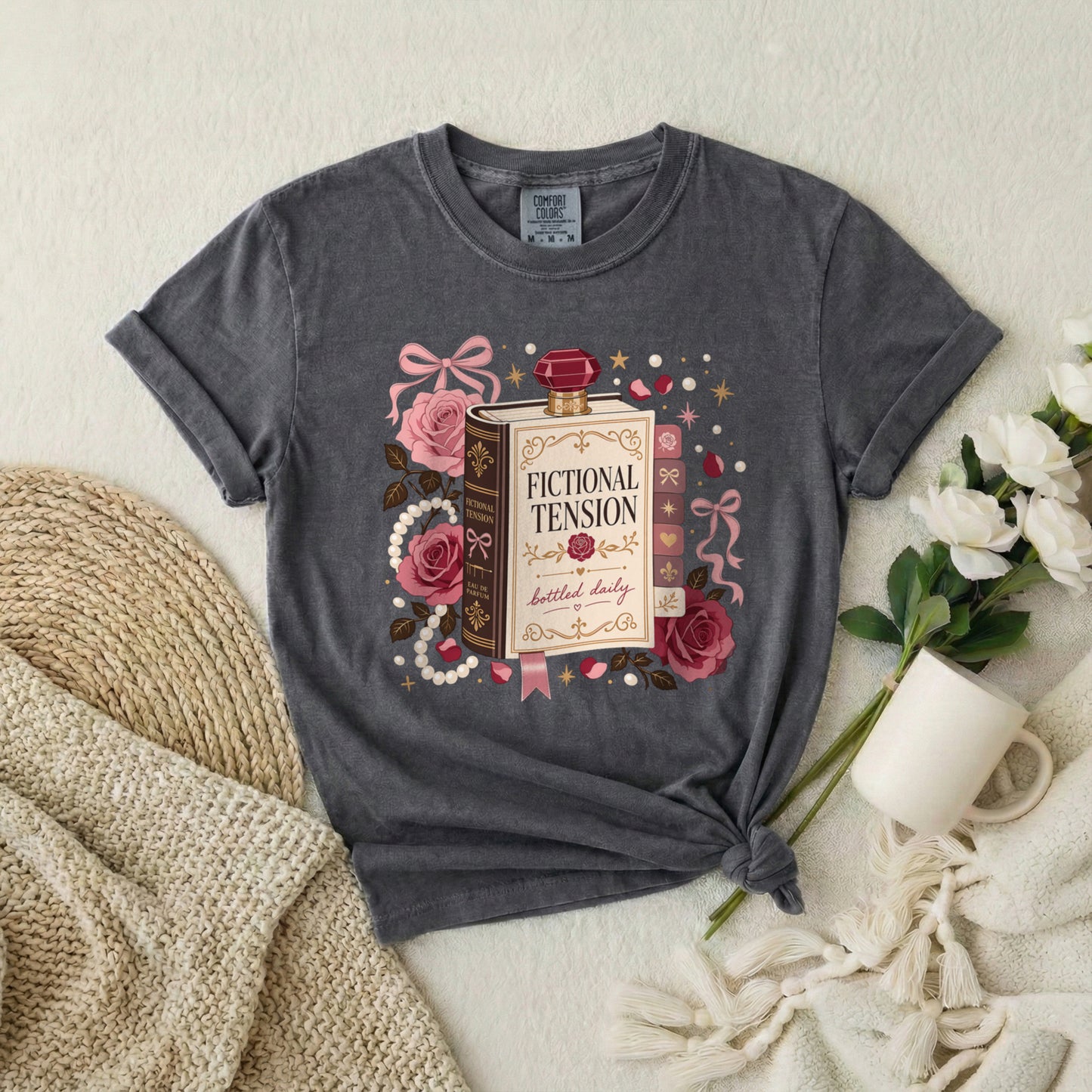 T-Shirt — "Fictional Tension" Perfume Bottle Graphic Tee (Bookish, Floral)