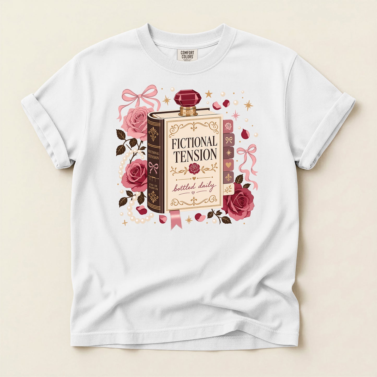 T-Shirt — "Fictional Tension" Perfume Bottle Graphic Tee (Bookish, Floral)