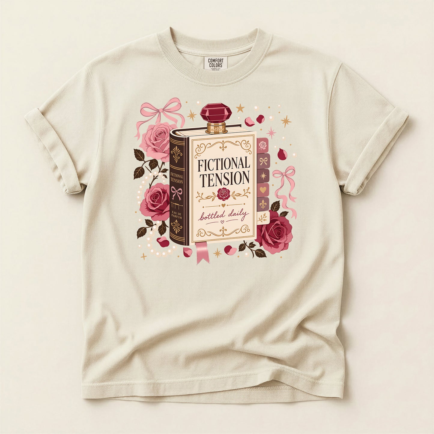 T-Shirt — "Fictional Tension" Perfume Bottle Graphic Tee (Bookish, Floral)