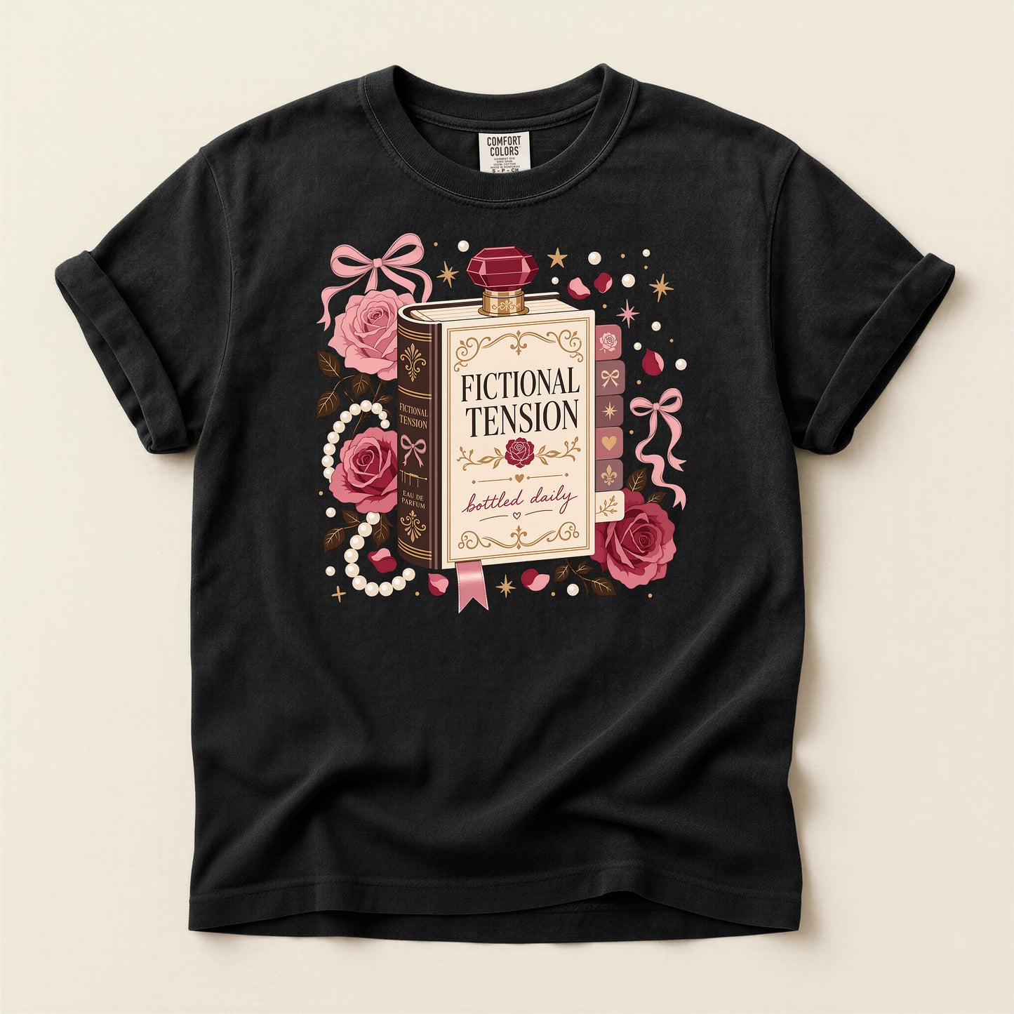 T-Shirt — "Fictional Tension" Perfume Bottle Graphic Tee (Bookish, Floral)