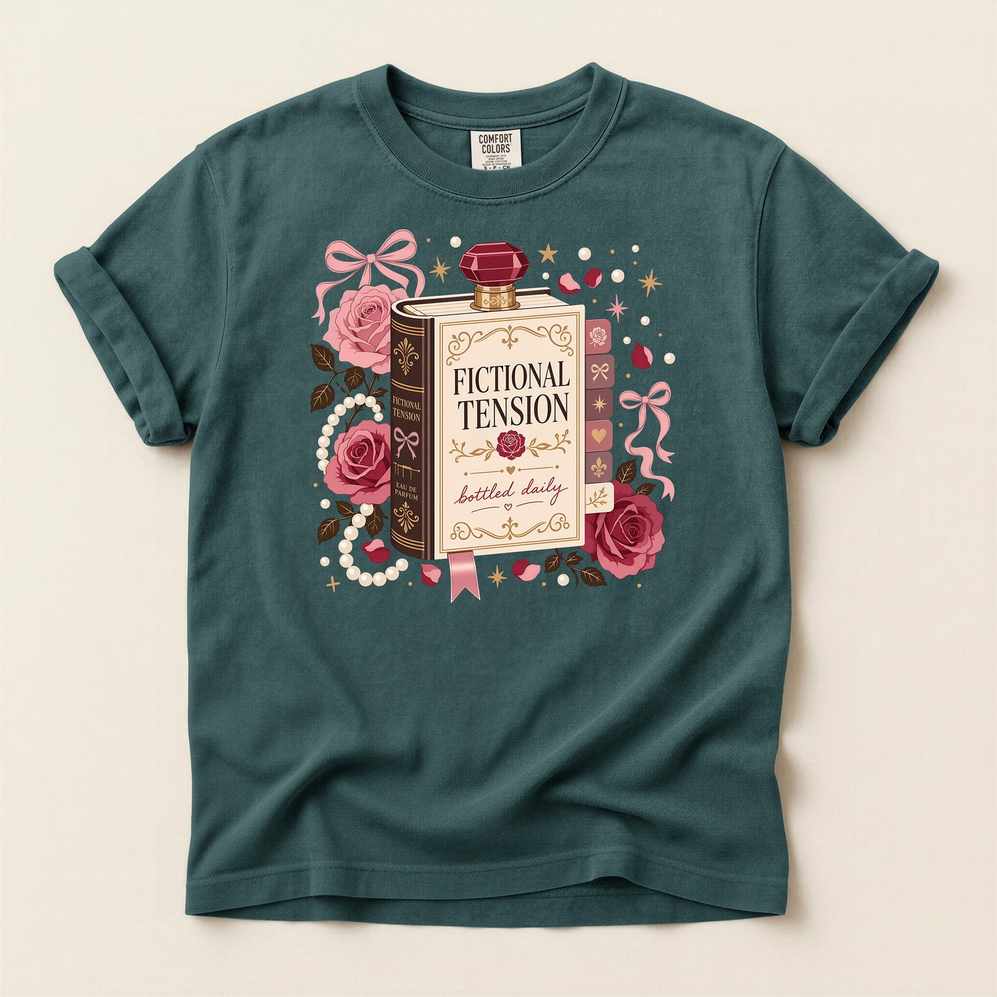 T-Shirt — "Fictional Tension" Perfume Bottle Graphic Tee (Bookish, Floral)
