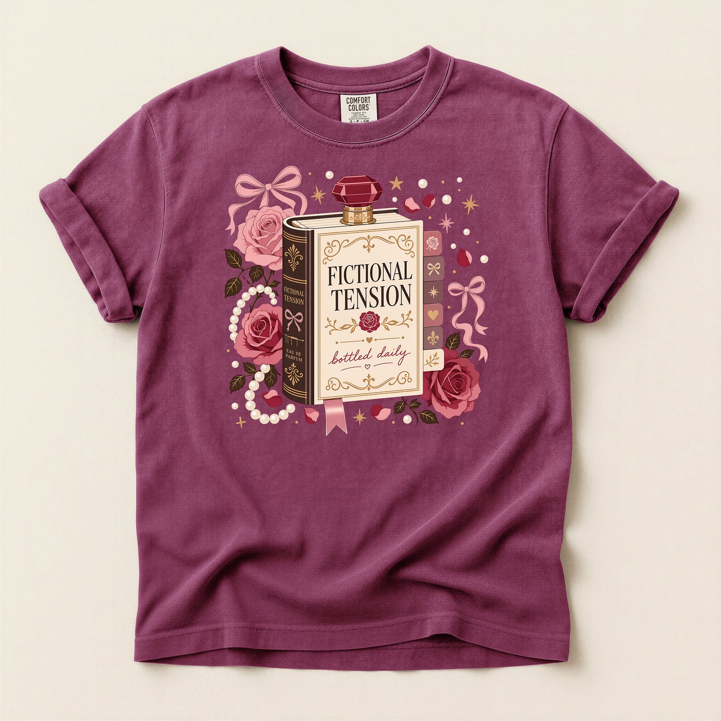 T-Shirt — "Fictional Tension" Perfume Bottle Graphic Tee (Bookish, Floral)