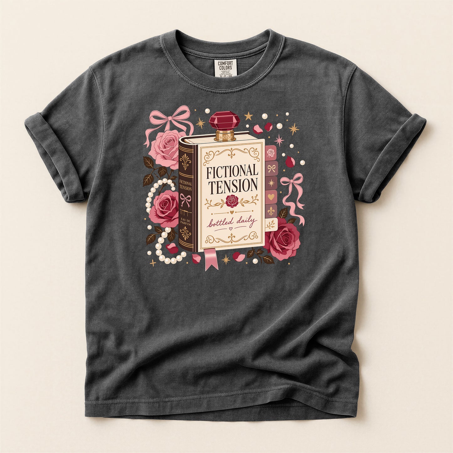 T-Shirt — "Fictional Tension" Perfume Bottle Graphic Tee (Bookish, Floral)