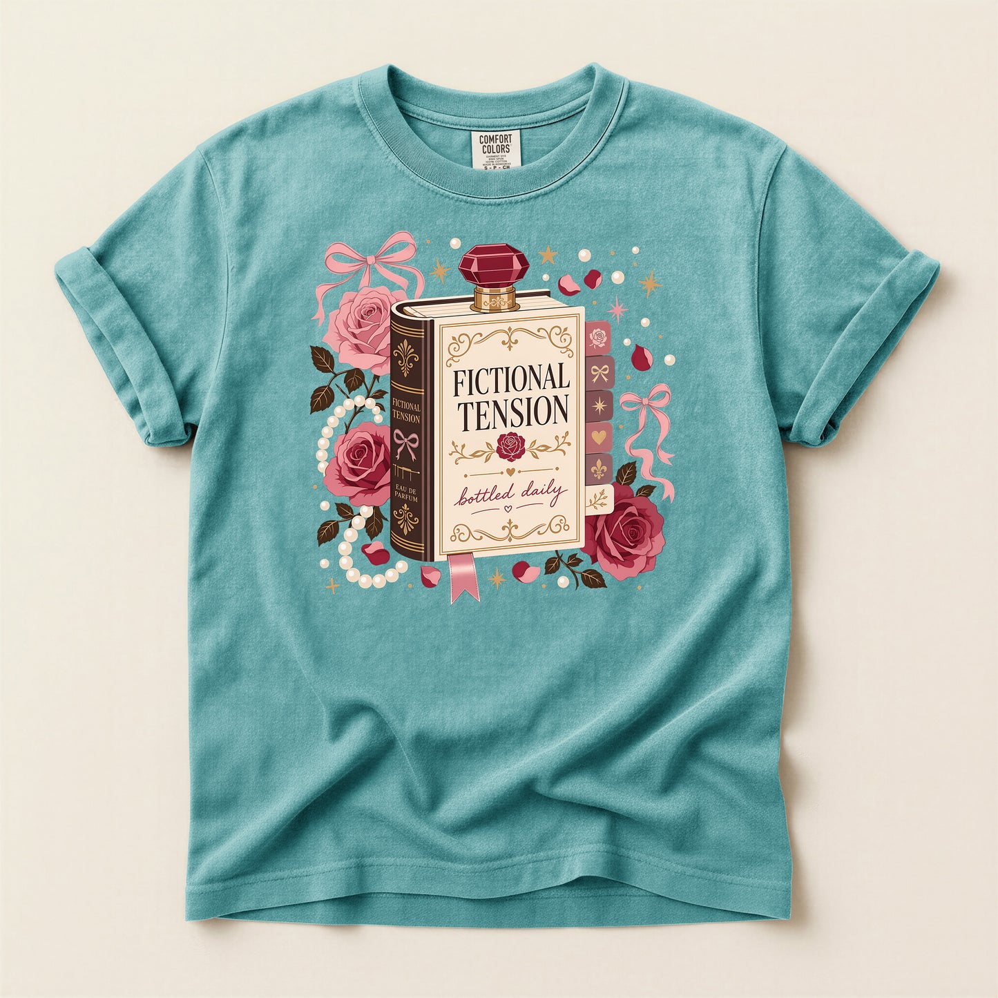 T-Shirt — "Fictional Tension" Perfume Bottle Graphic Tee (Bookish, Floral)