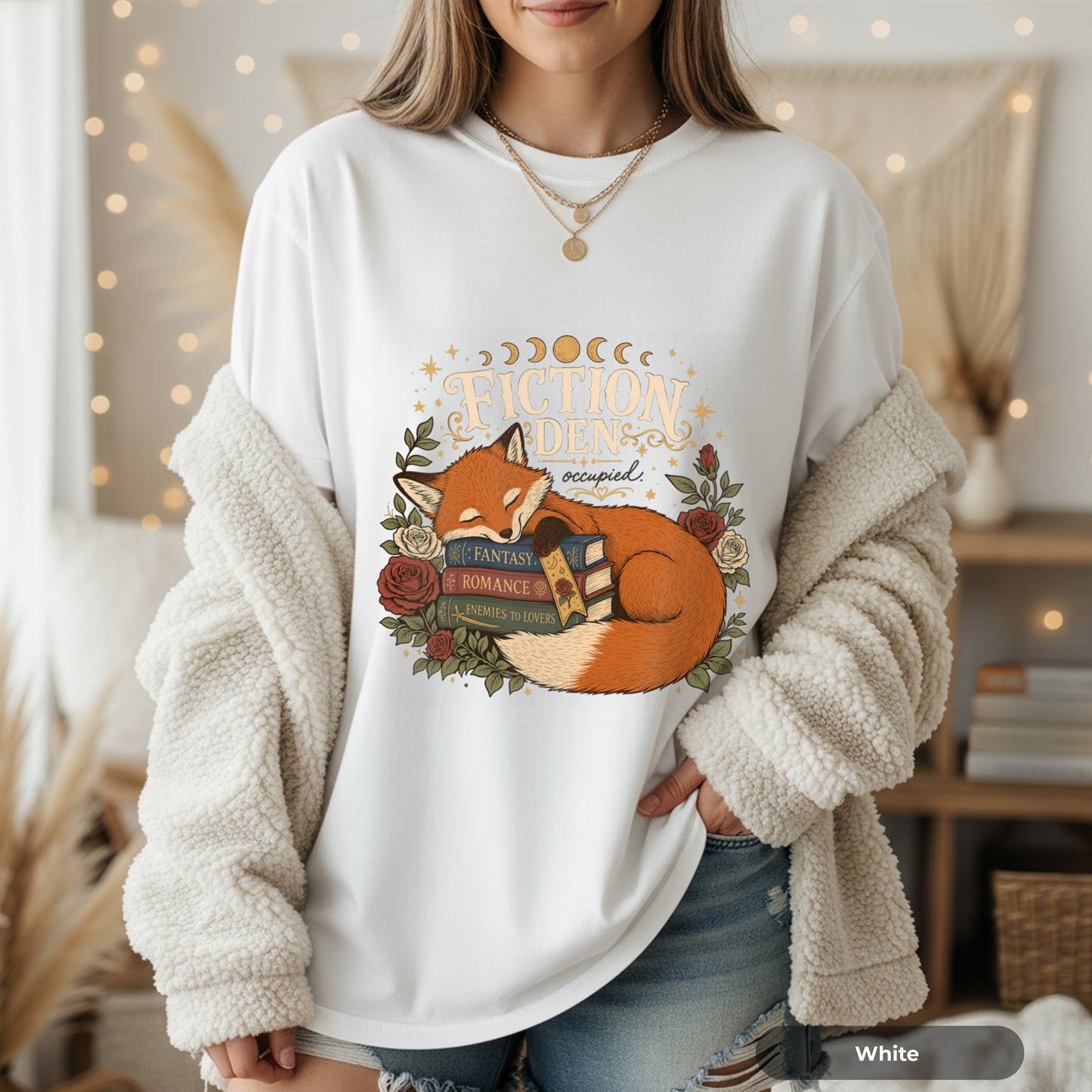 Fiction Den Fox T‑Shirt — Sleeping Fox with Books Cozy Reading Tee