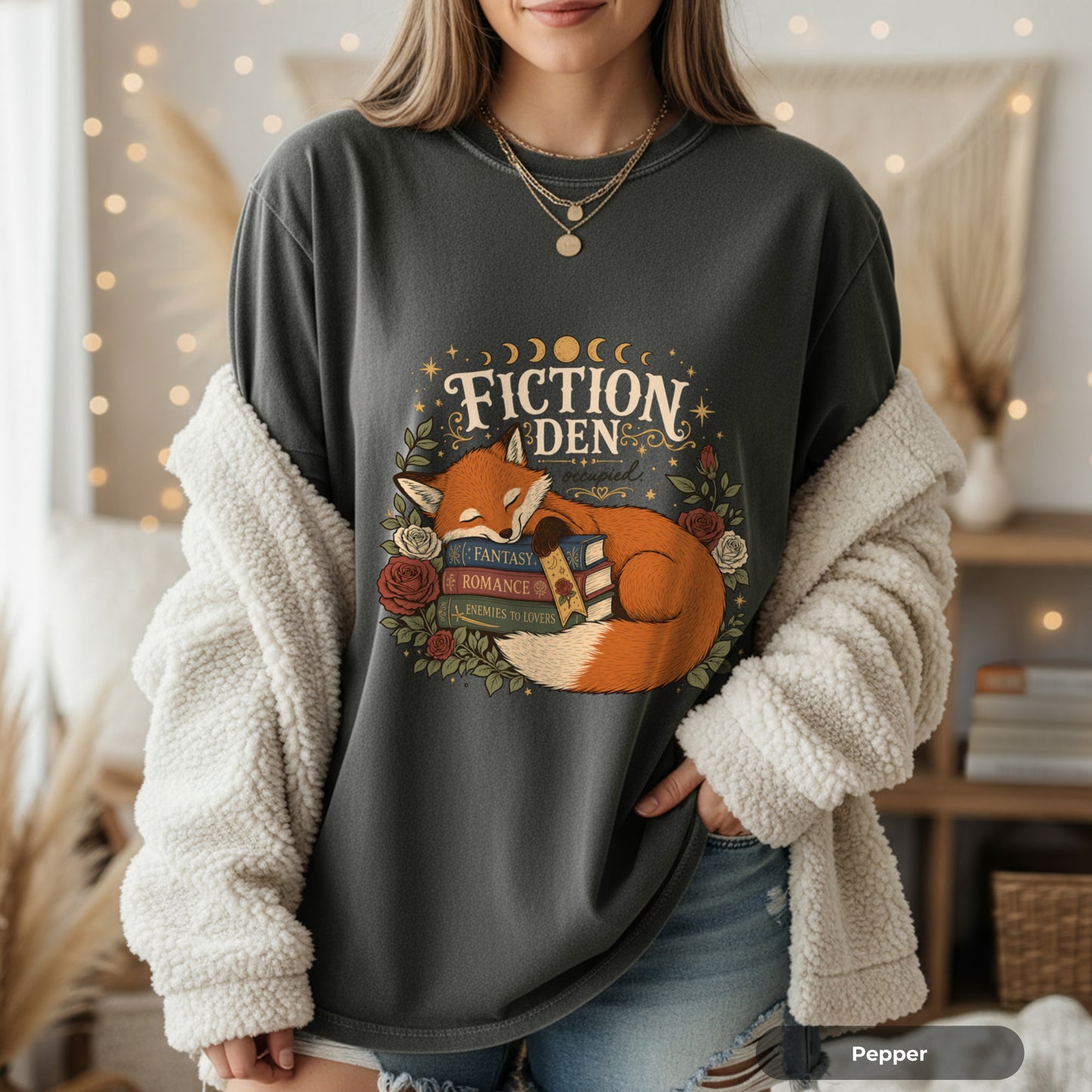 Fiction Den Fox T‑Shirt — Sleeping Fox with Books Cozy Reading Tee