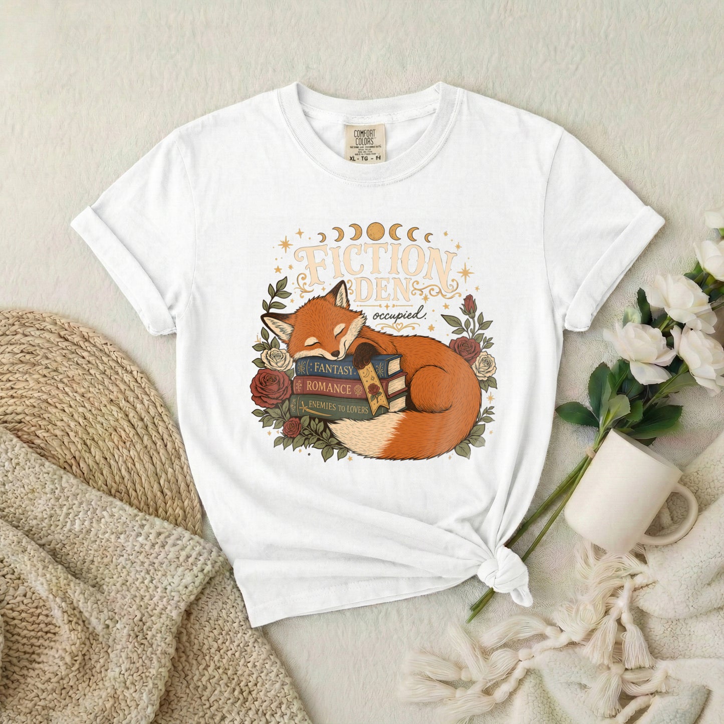 Fiction Den Fox T‑Shirt — Sleeping Fox with Books Cozy Reading Tee