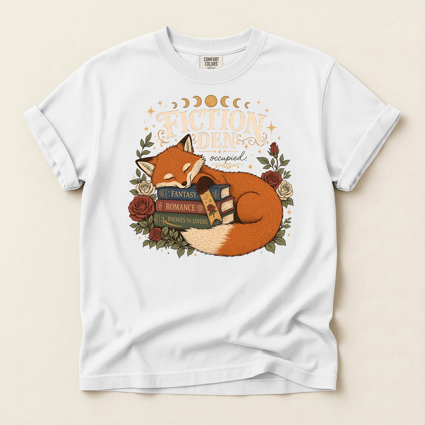 Fiction Den Fox T‑Shirt — Sleeping Fox with Books Cozy Reading Tee