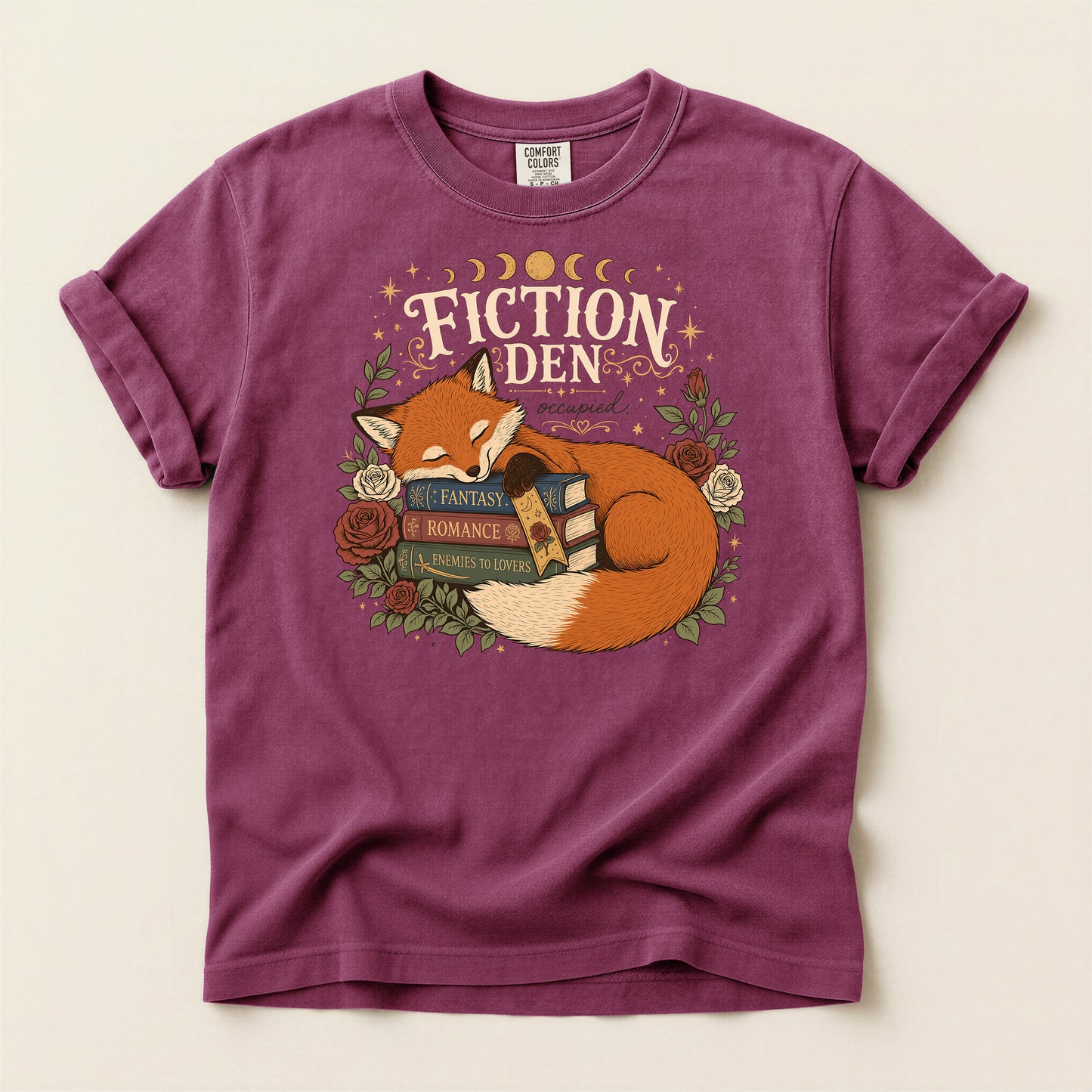 Fiction Den Fox T‑Shirt — Sleeping Fox with Books Cozy Reading Tee