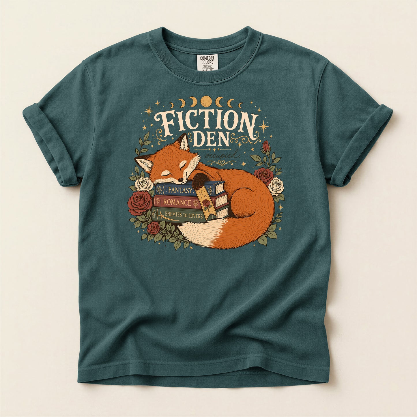 Fiction Den Fox T‑Shirt — Sleeping Fox with Books Cozy Reading Tee