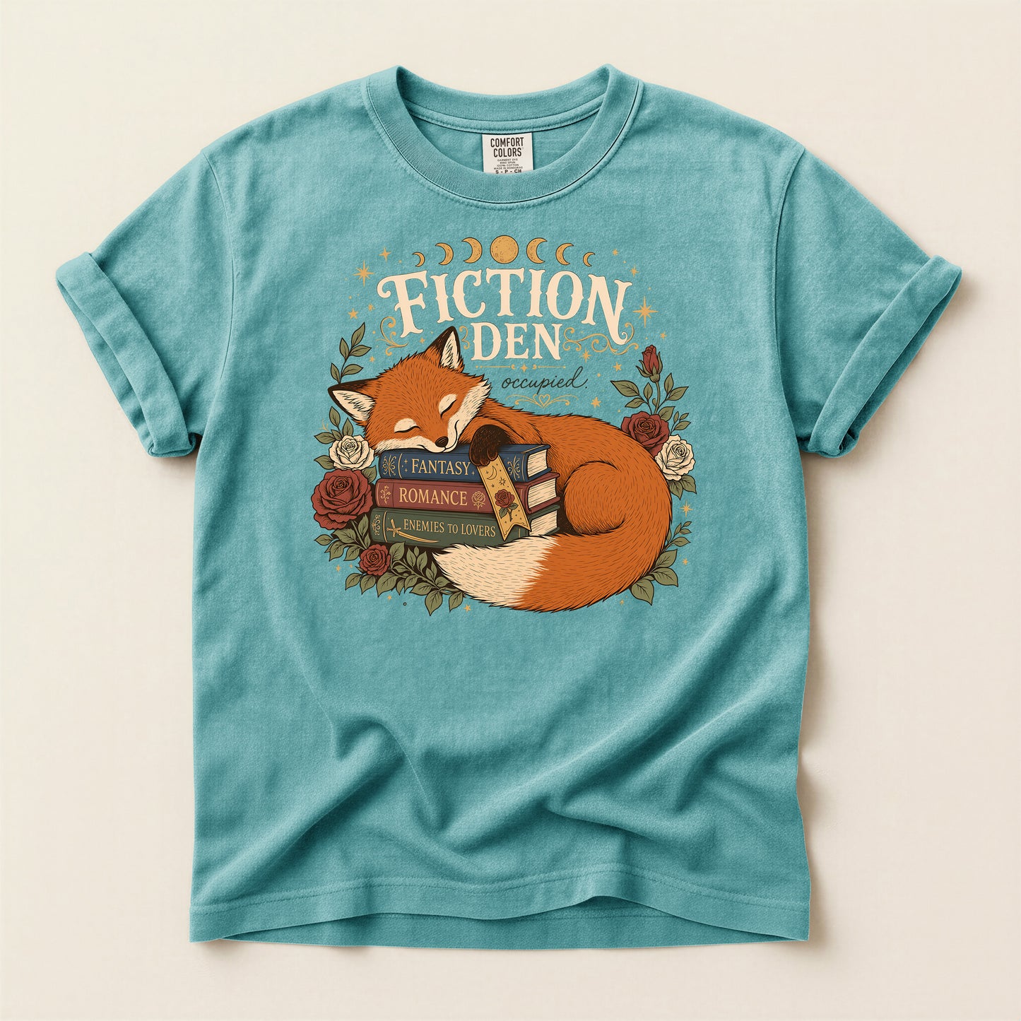 Fiction Den Fox T‑Shirt — Sleeping Fox with Books Cozy Reading Tee