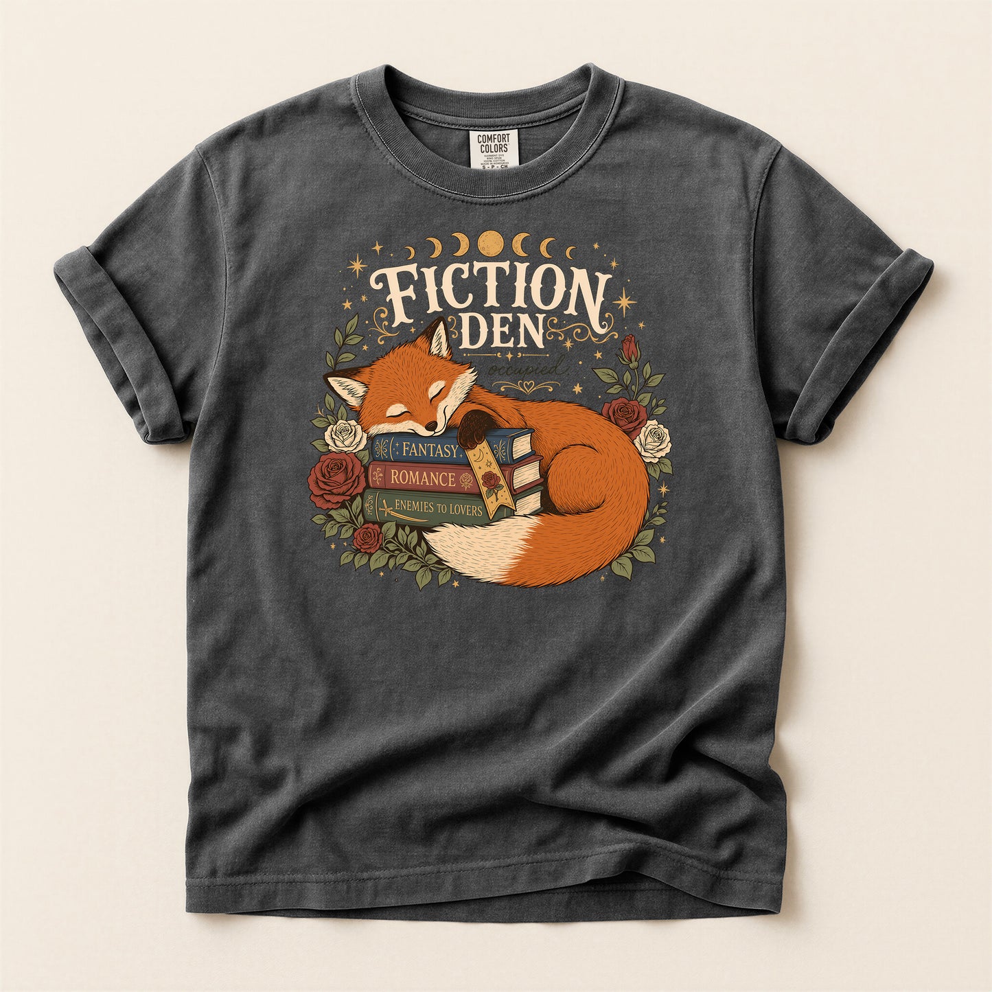 Fiction Den Fox T‑Shirt — Sleeping Fox with Books Cozy Reading Tee