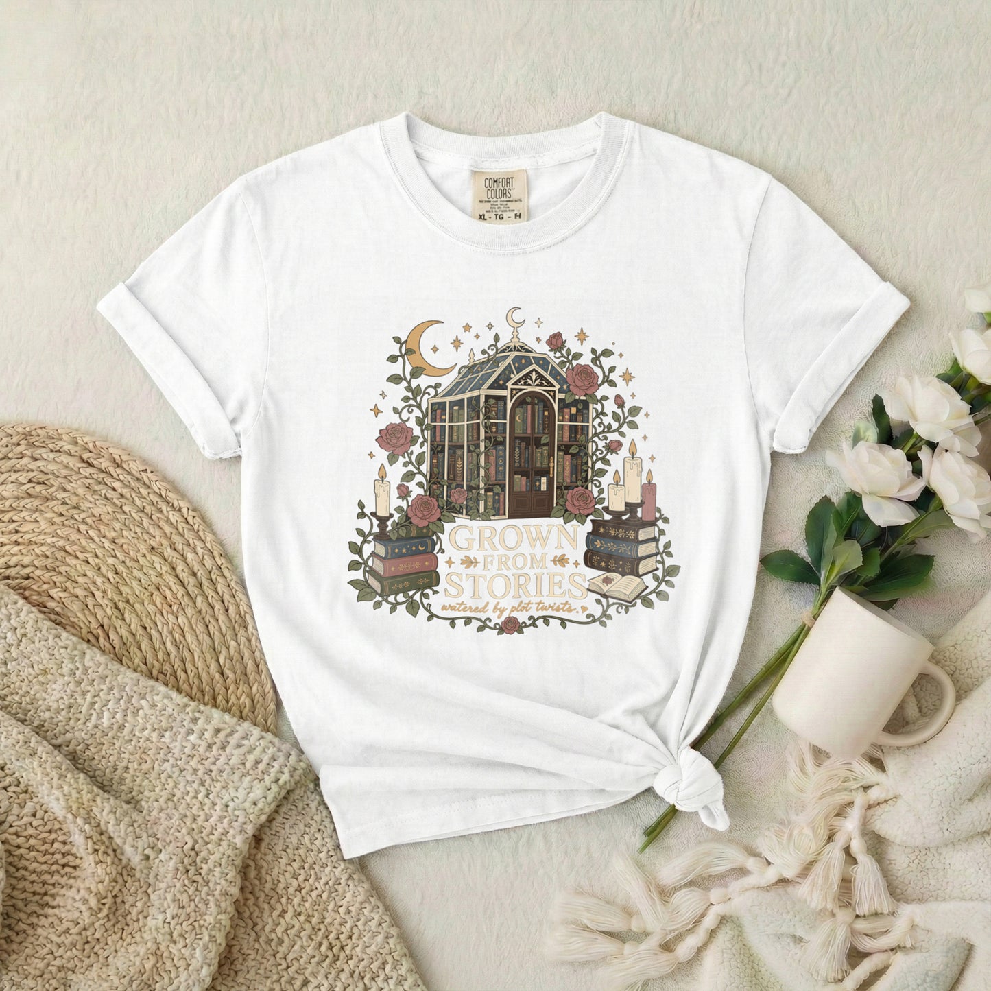 Literary Greenhouse T-Shirt — "Grow From Stories" Bookish Floral Tee