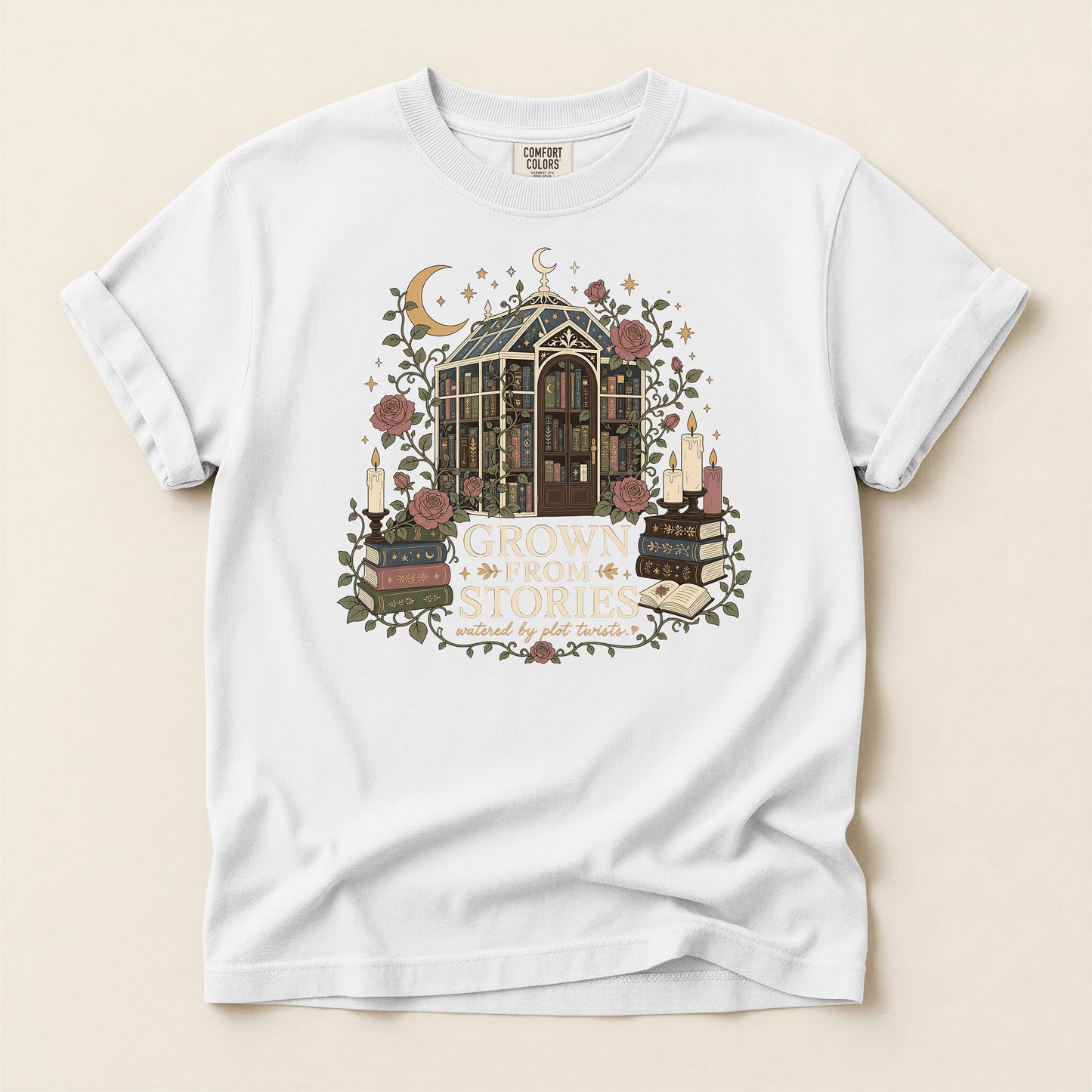 Literary Greenhouse T-Shirt — "Grow From Stories" Bookish Floral Tee