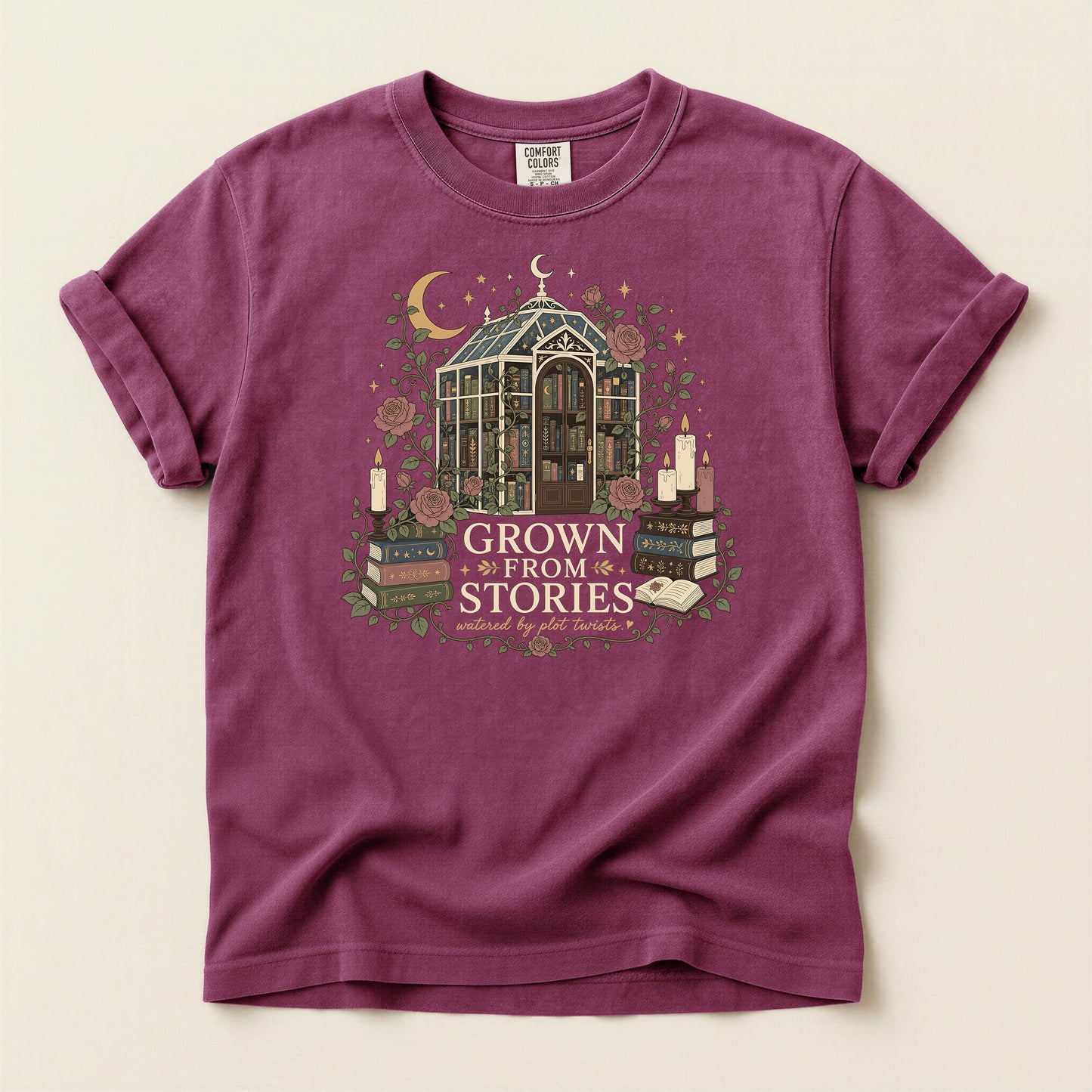 Literary Greenhouse T-Shirt — "Grow From Stories" Bookish Floral Tee