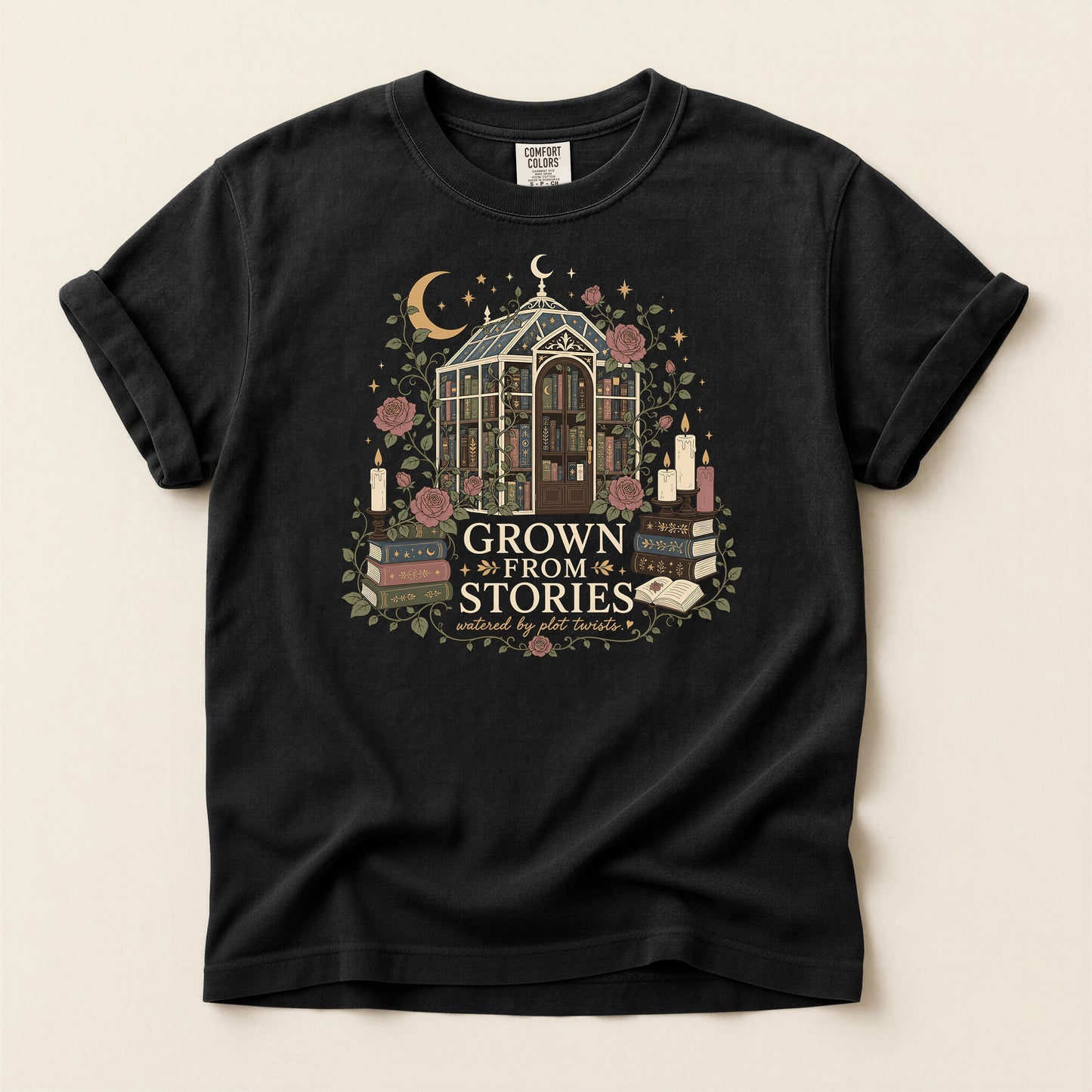 Literary Greenhouse T-Shirt — "Grow From Stories" Bookish Floral Tee