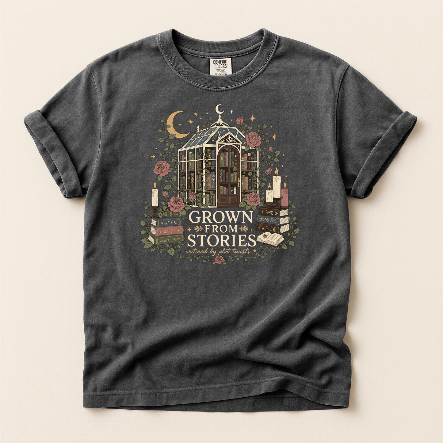 Literary Greenhouse T-Shirt — "Grow From Stories" Bookish Floral Tee