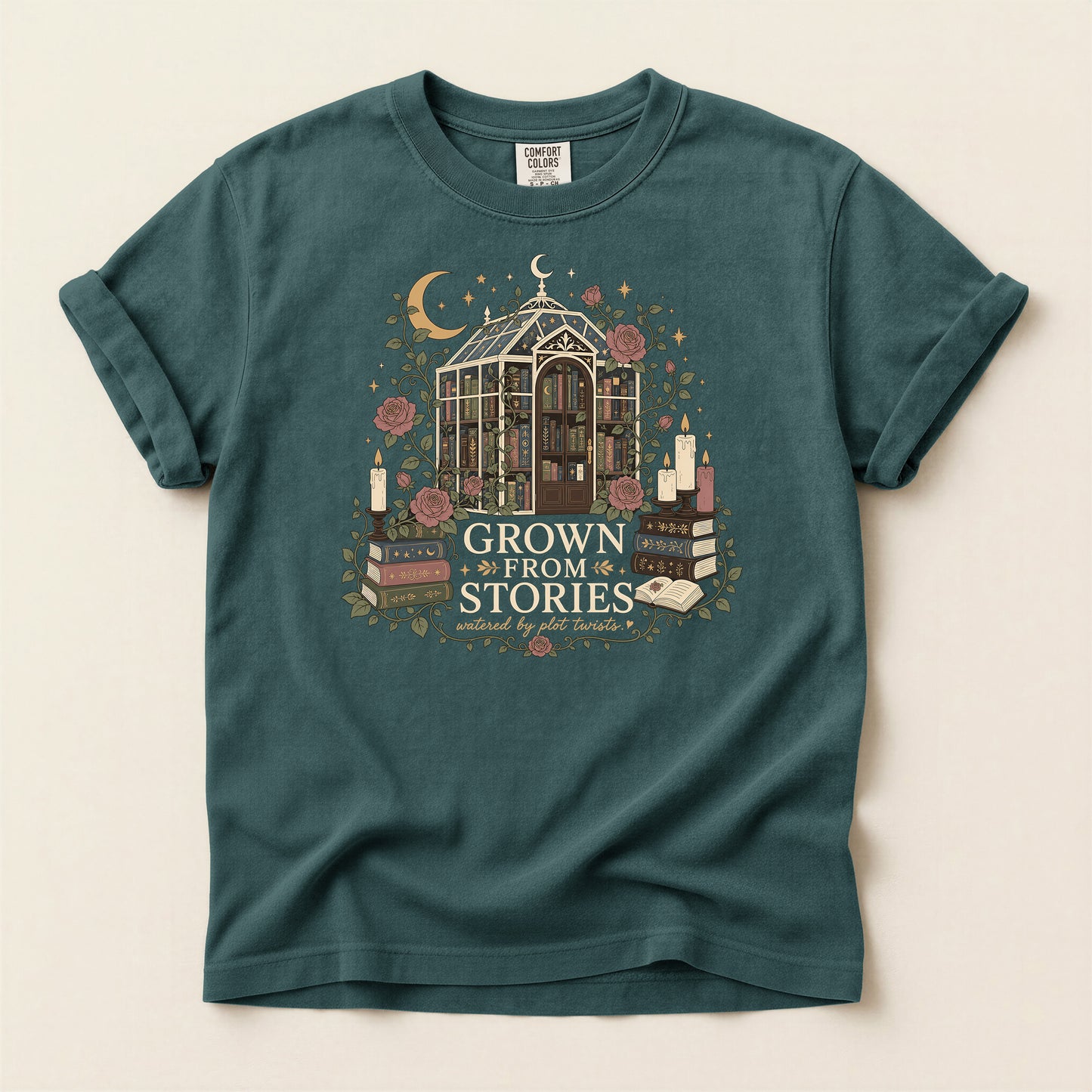 Literary Greenhouse T-Shirt — "Grow From Stories" Bookish Floral Tee