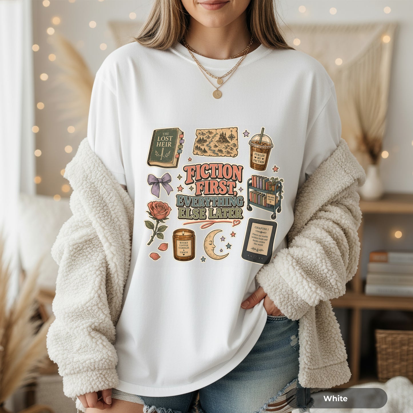 Fiction First Booklover T-Shirt — Vintage Reading Collage Tee