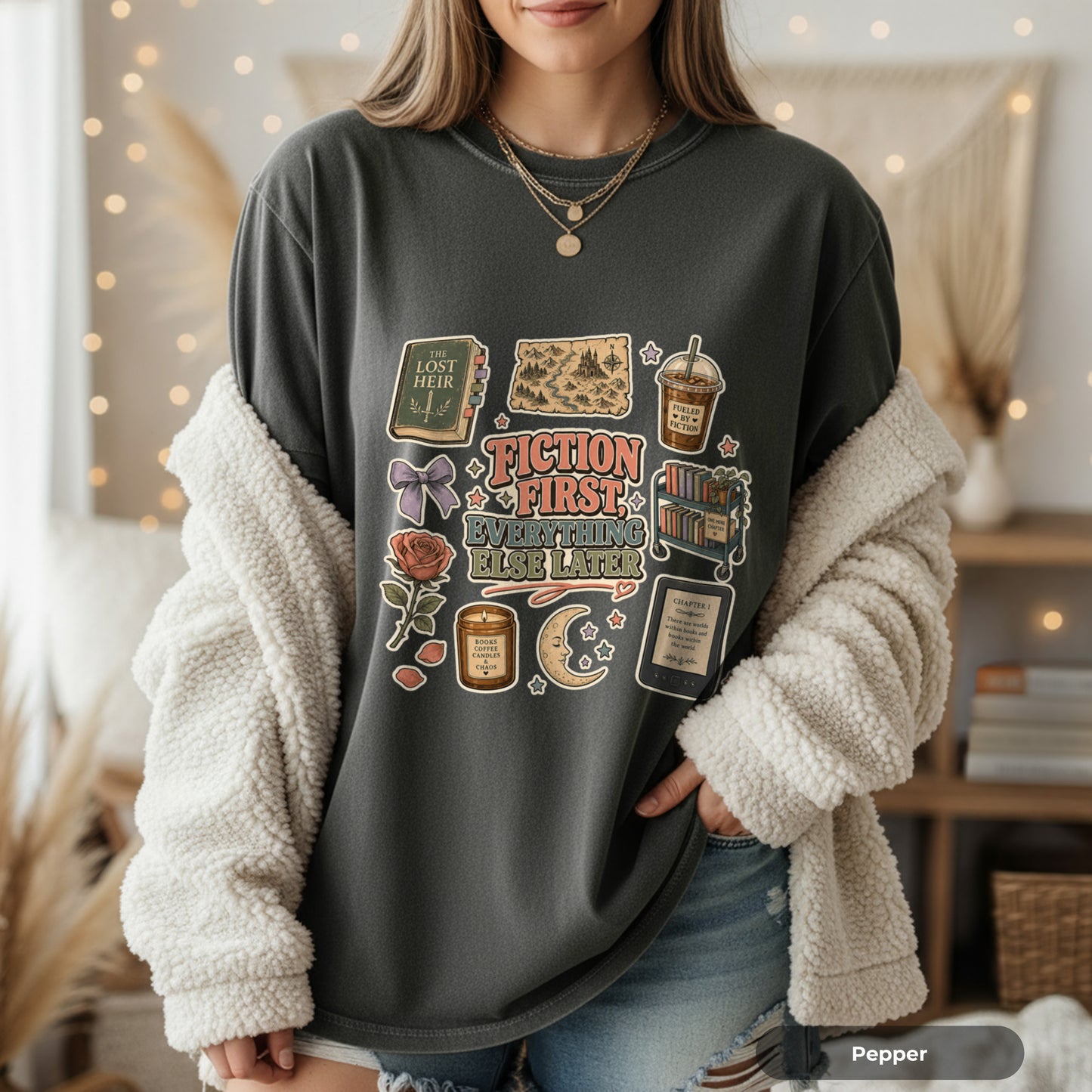 Fiction First Booklover T-Shirt — Vintage Reading Collage Tee