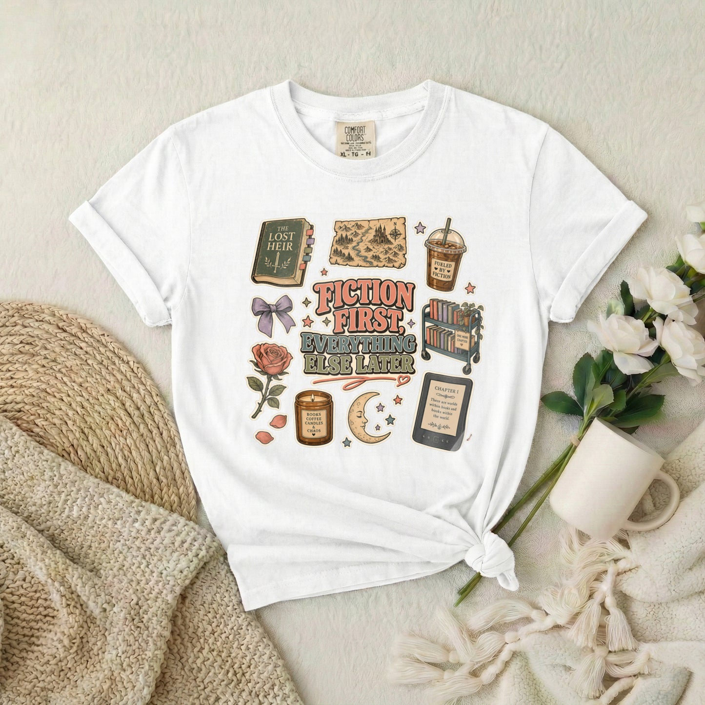 Fiction First Booklover T-Shirt — Vintage Reading Collage Tee