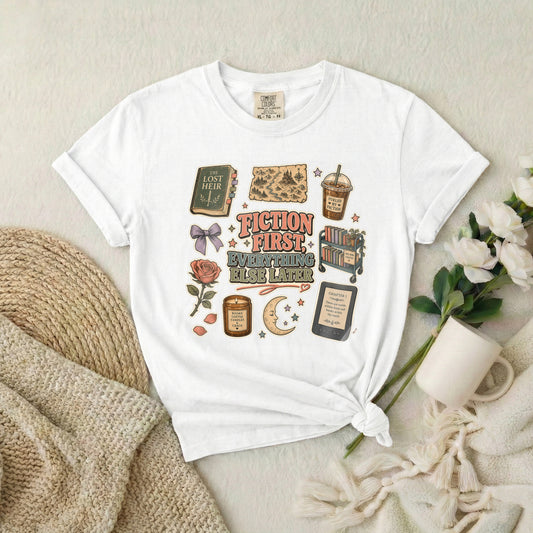 Fiction First Booklover T-Shirt — Vintage Reading Collage Tee