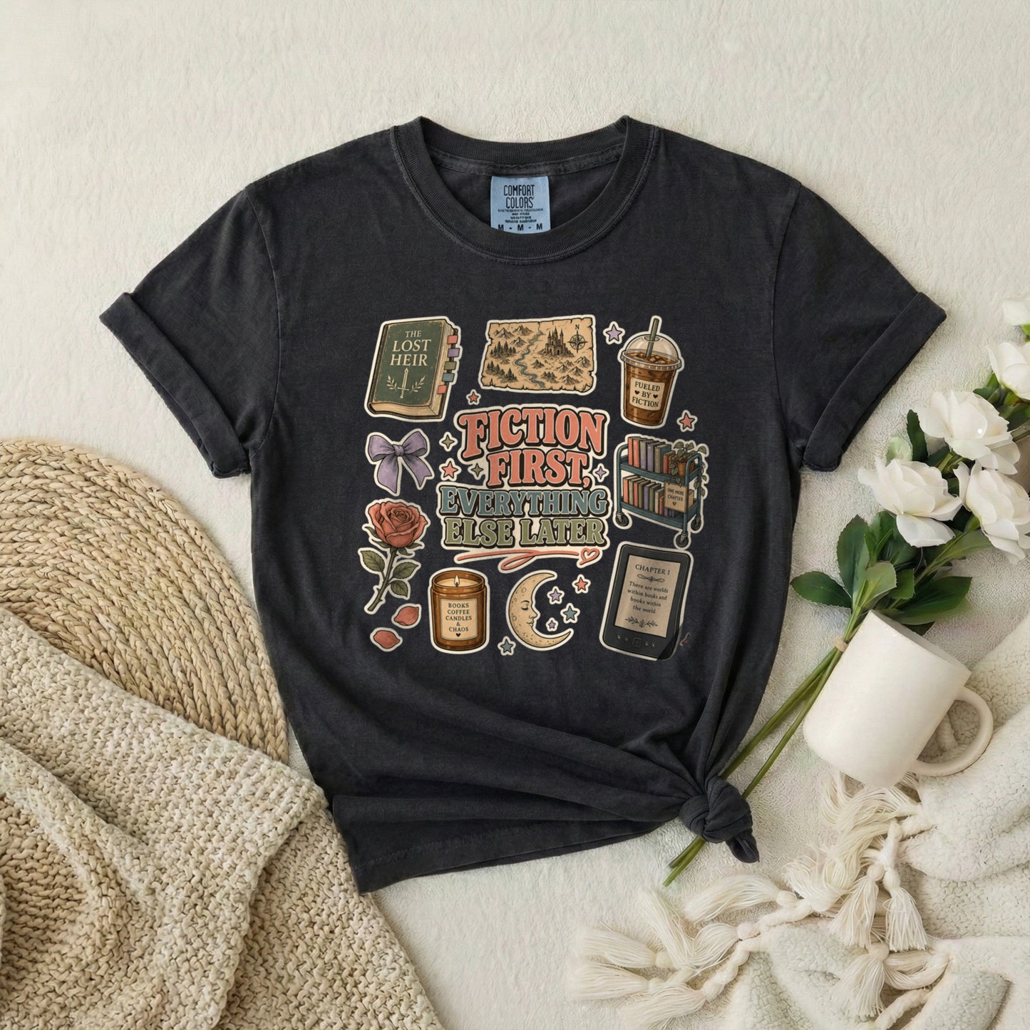 Fiction First Booklover T-Shirt — Vintage Reading Collage Tee