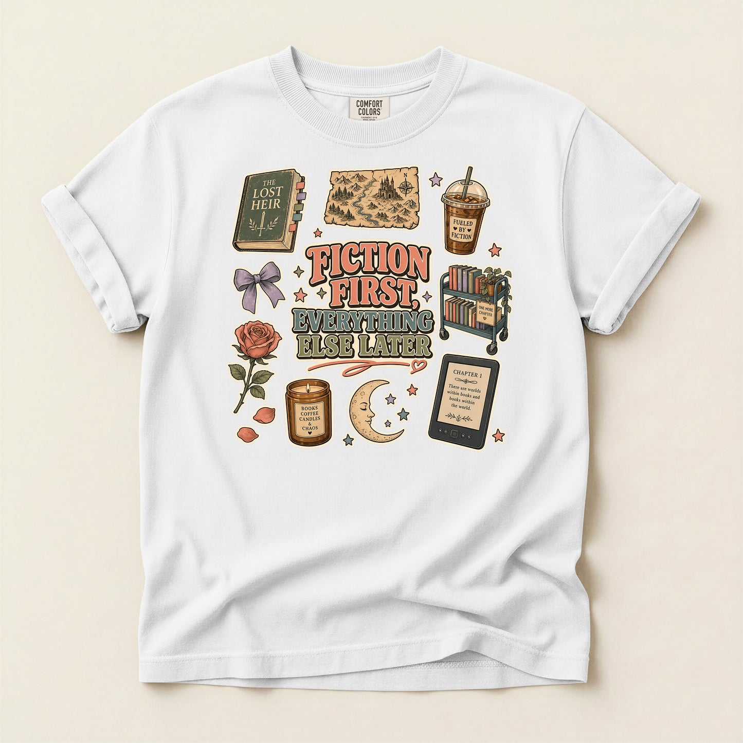 Fiction First Booklover T-Shirt — Vintage Reading Collage Tee