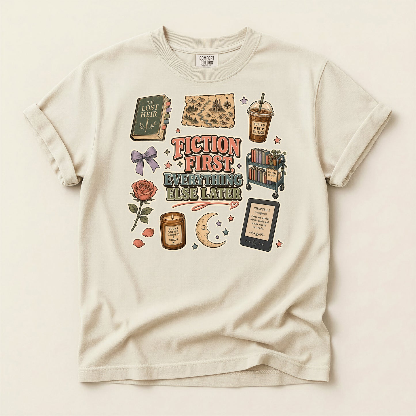 Fiction First Booklover T-Shirt — Vintage Reading Collage Tee