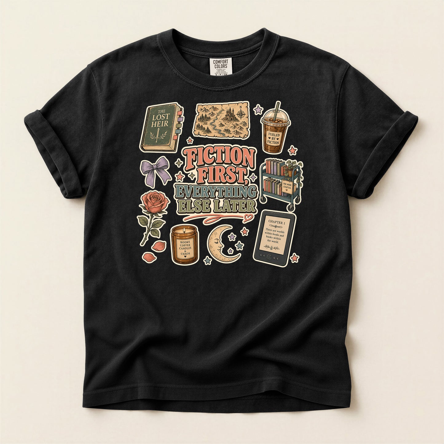 Fiction First Booklover T-Shirt — Vintage Reading Collage Tee