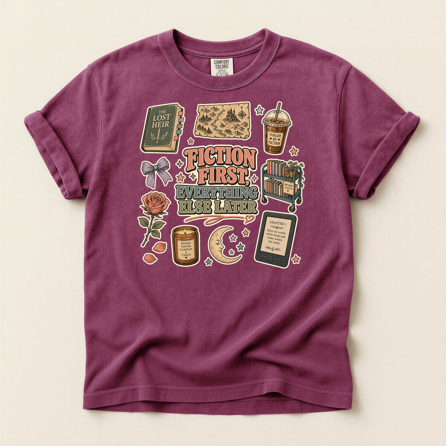 Fiction First Booklover T-Shirt — Vintage Reading Collage Tee