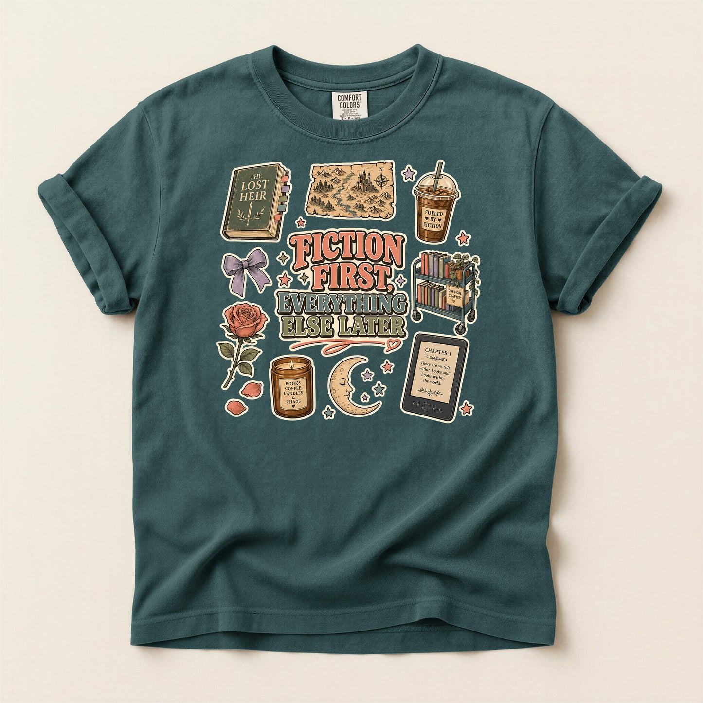 Fiction First Booklover T-Shirt — Vintage Reading Collage Tee