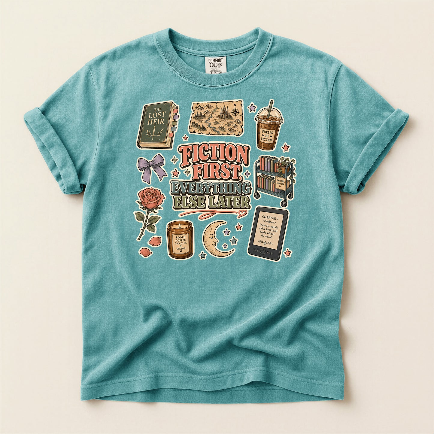 Fiction First Booklover T-Shirt — Vintage Reading Collage Tee